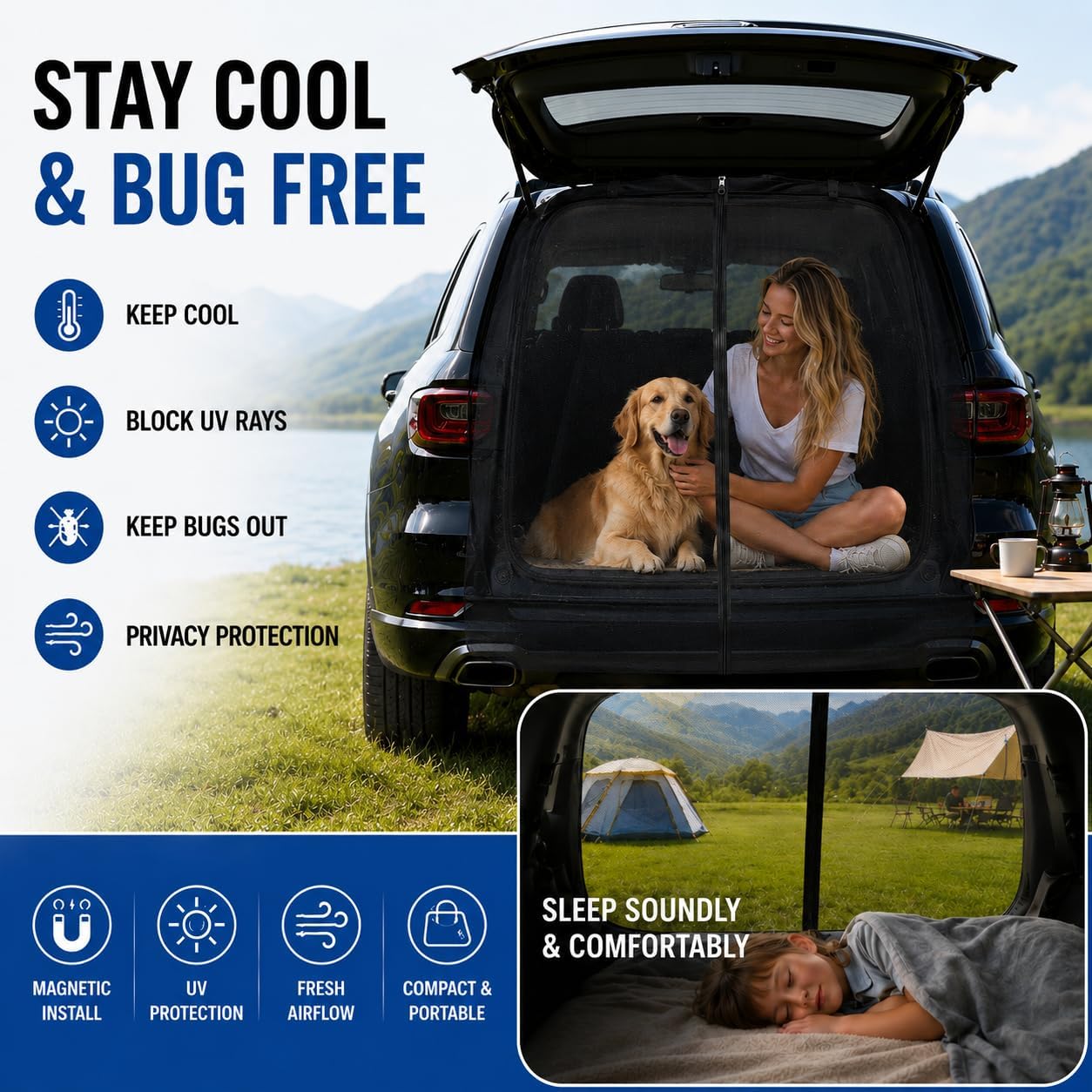 Car Rear Mesh Net for Camping – 59x59” Magnetic SUV Tailgate Screen with Center Zipper, Easy Install Bug & Mosquito Net Ventilation for Tesla Model Y, RAV4 & Most SUVs