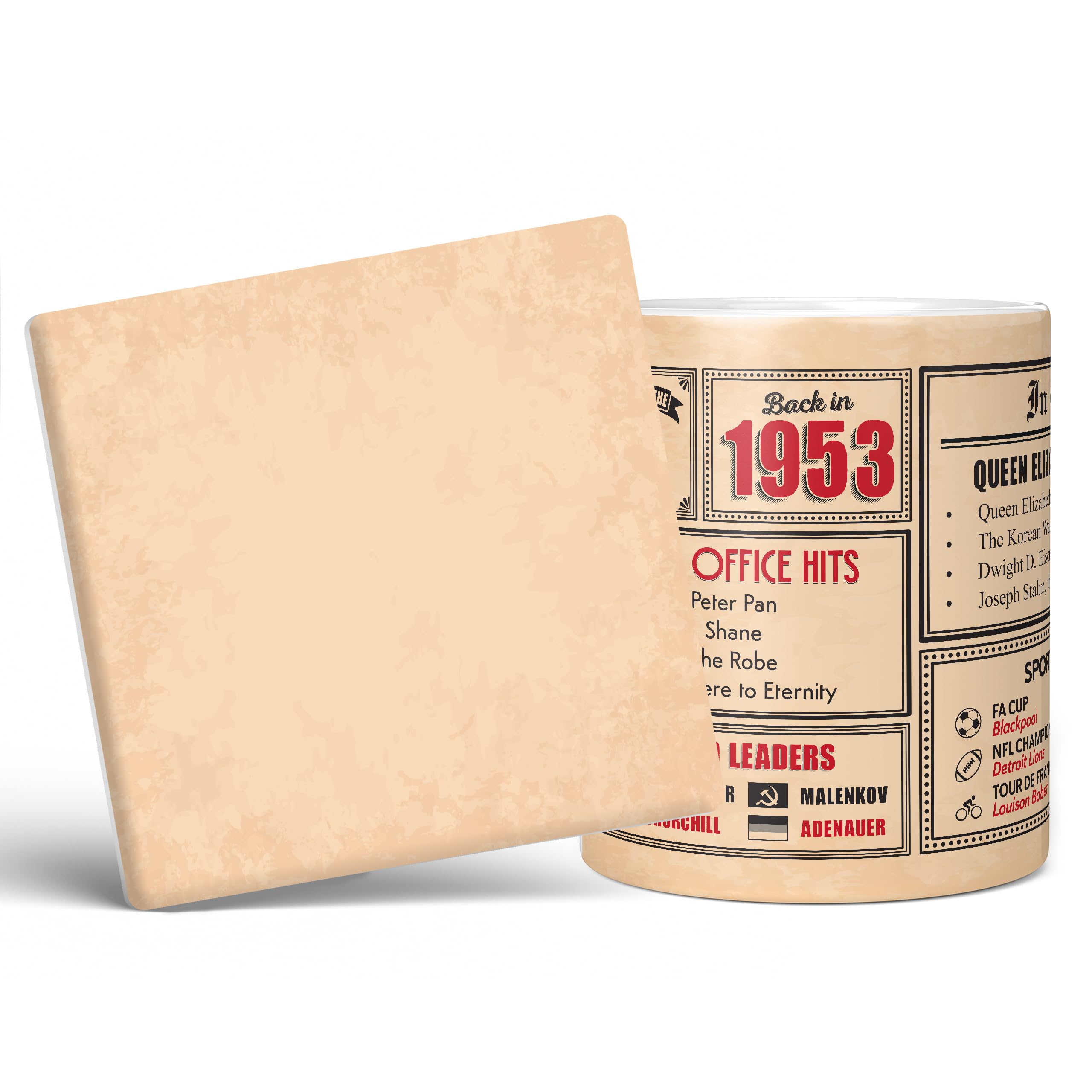 Mug Monster - 73rd Birthday Gift - Back in 1953 in This Year Mug, Present for Men and Women, Birthday Gifts for Women, Birthday Gifts for Men, 73rd Anniversary Present, 11oz White Mug & Coaster