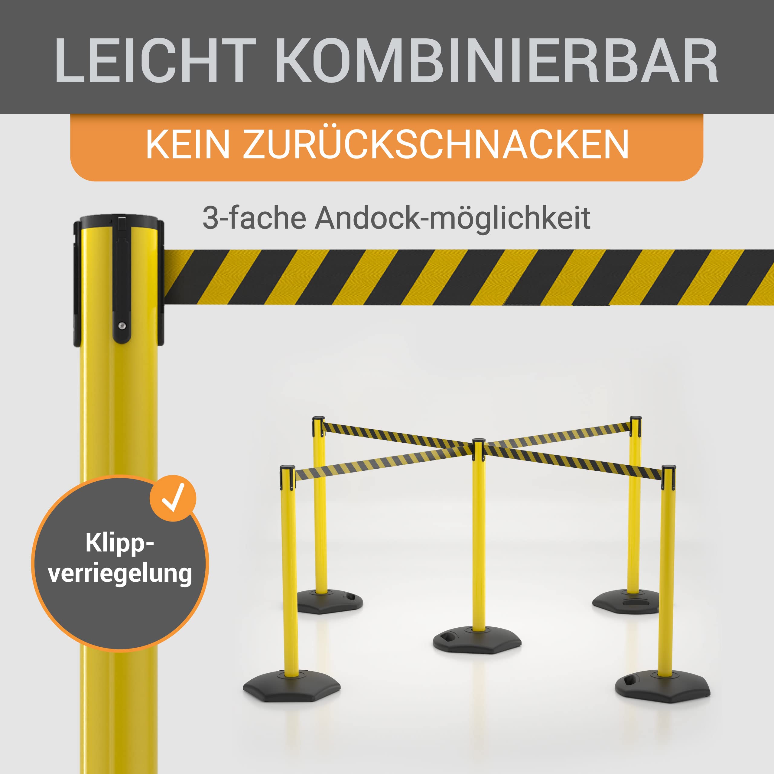 wolk Gurtpfosten 4er Set Gelb 3 m, Absperrpfosten Personenleitsystem | 4 Kunststoff Absperrständer mit 3 m gelb-schwarzem Gurtband für Sicherheitsbereiche, Baustellen und Veranstaltungen