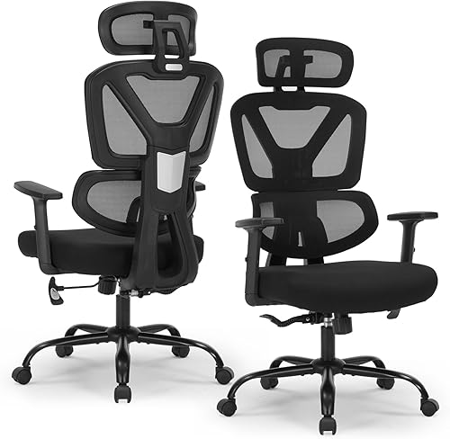 Miniatura 8 de Silla de oficina ergonómica, silla de escritorio con altura ajustable, soporte lumbar, sillas de computadora de malla con respaldo alto con M-negro