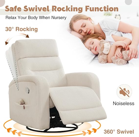 Swivel Nursery Rocker Recliner for Nursery, 360 Swivel Glider Recliner, Manual Rocking Recliner Chairs with Pockets and Large Arms for Living Room, White Corduroy