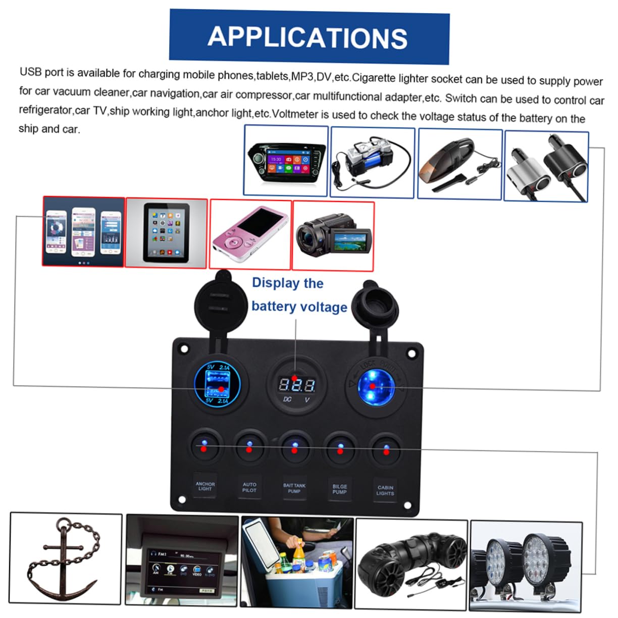 Mobestech 24v Led Vehicle Gang Rocker Panel Boat Switch Combination Lighter Socket Car Charger Voltmeter