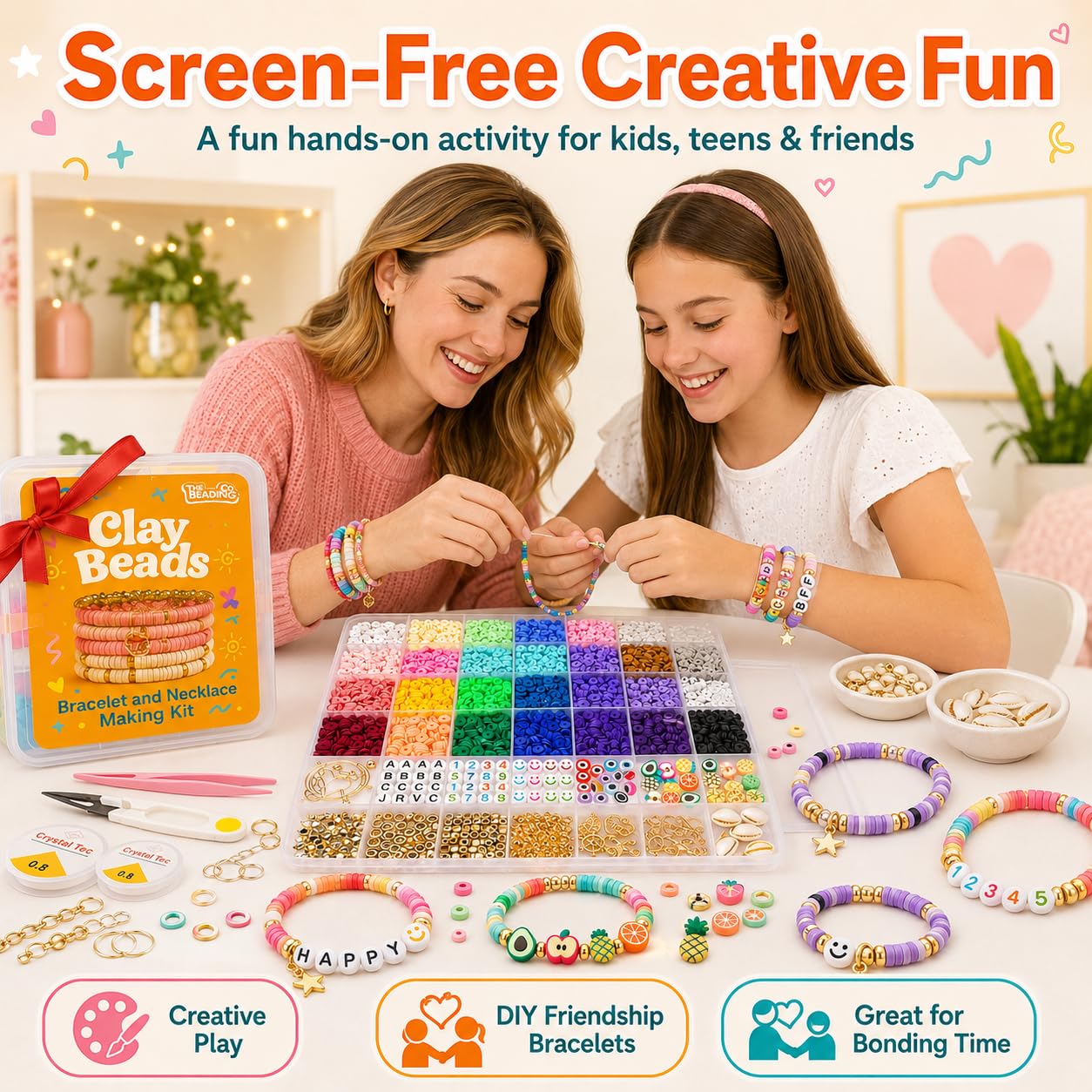The Beading Co. Kit de fabricación de pulseras de más de 7500 cuentas de arcilla para niñas, cuentas heishi de 24 colores con cuentas de letras y dijes para pulseras de amistad y kit de fabricación de