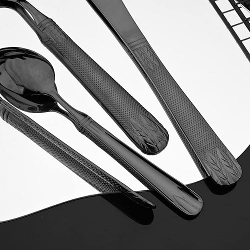 Miniatura 3 de JASHII Juego de cubiertos negros de acero inoxidable 304 para 4, con orejas de trigo con mango plano en relieve vintage, pulido de espejo, apto para