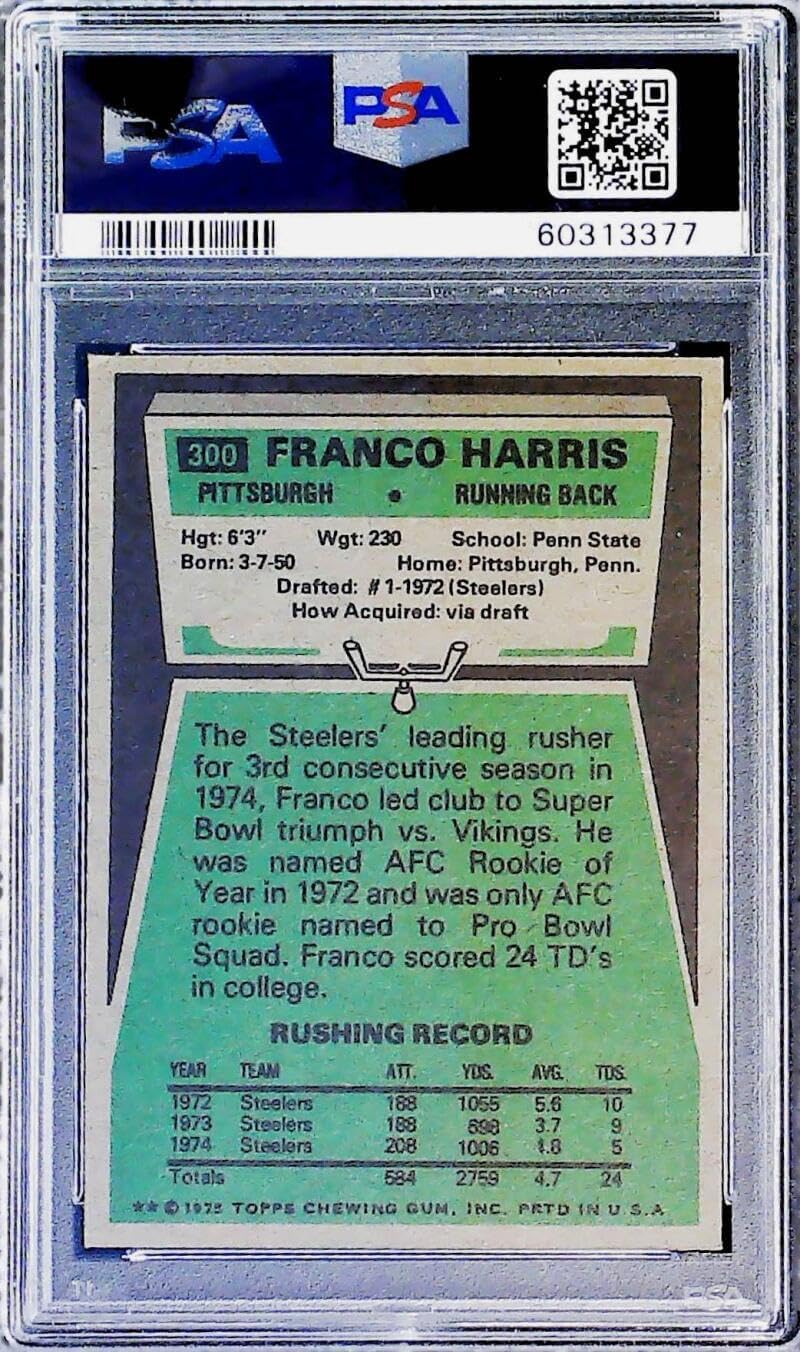 1975 Topps Football #300 Franco Harris Pittsburgh Steelers PSA 7 NM Trading Card