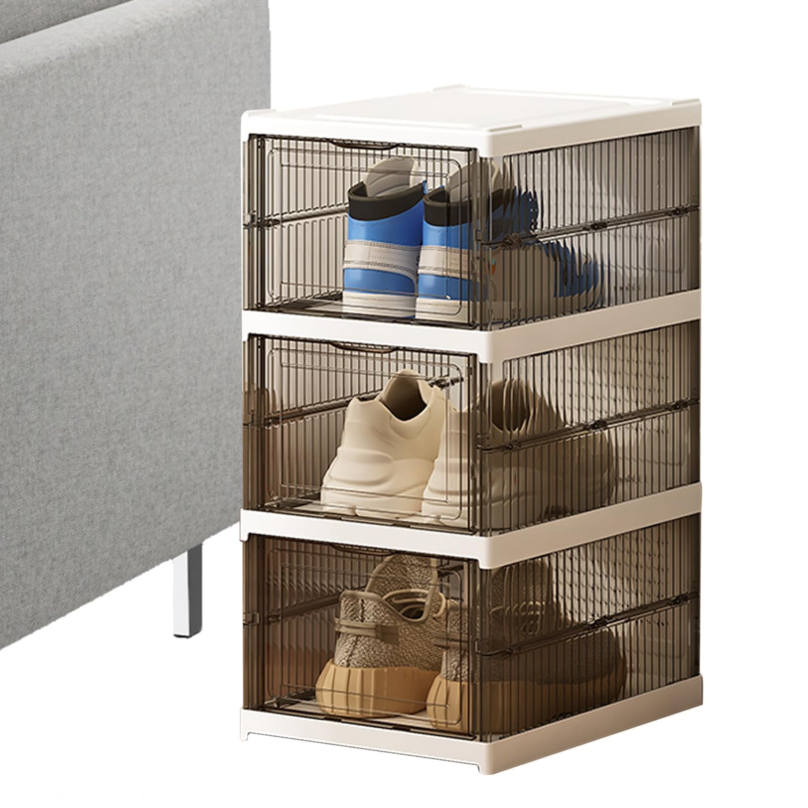 Zapatero plegable que ahorra espacio, transparente, apilable, caja de almacenamiento para botas, tenis, dormitorio, entrada, oficina, ideal para zapatos