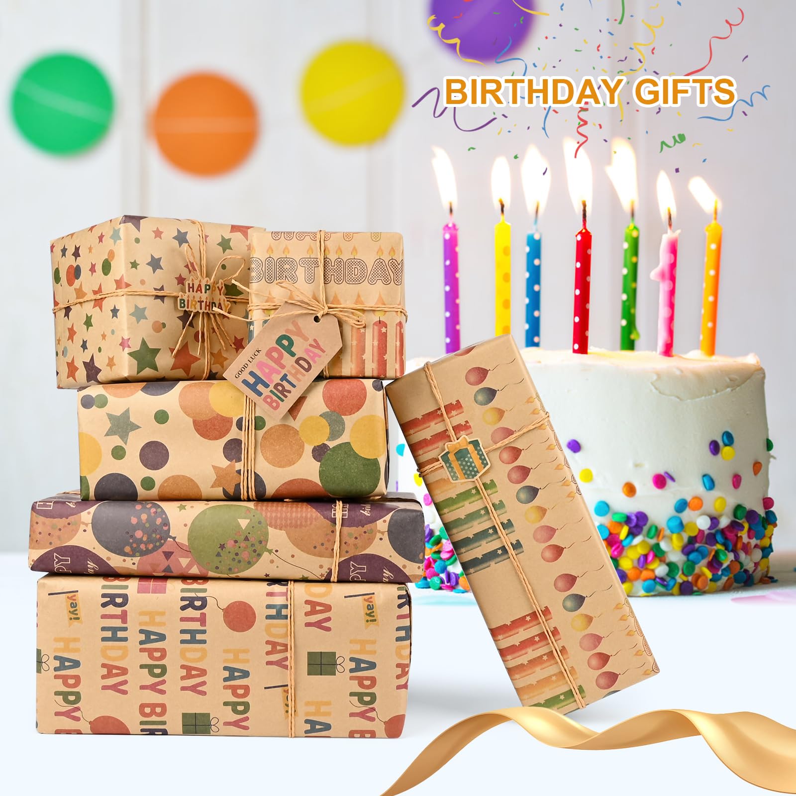 Ambesty Set 5 Rotoli Carta Regalo 300x43cm Con Nastri E Adesivi - Compleanno, Natale, Feste