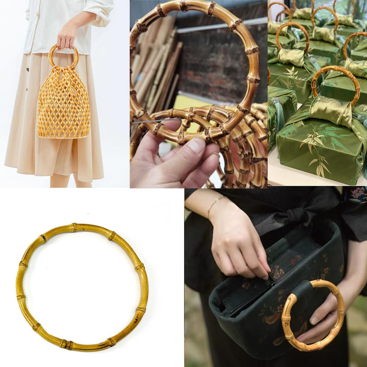 Bamboo Purse Handle, 2PCS Round Wooden Rings Holders, 5.5 inch Bamboo Purse Handles Bag Handle Replacements for Beach Straw Bag Purse Handles DIY Crafting Making Decorations - Image 6