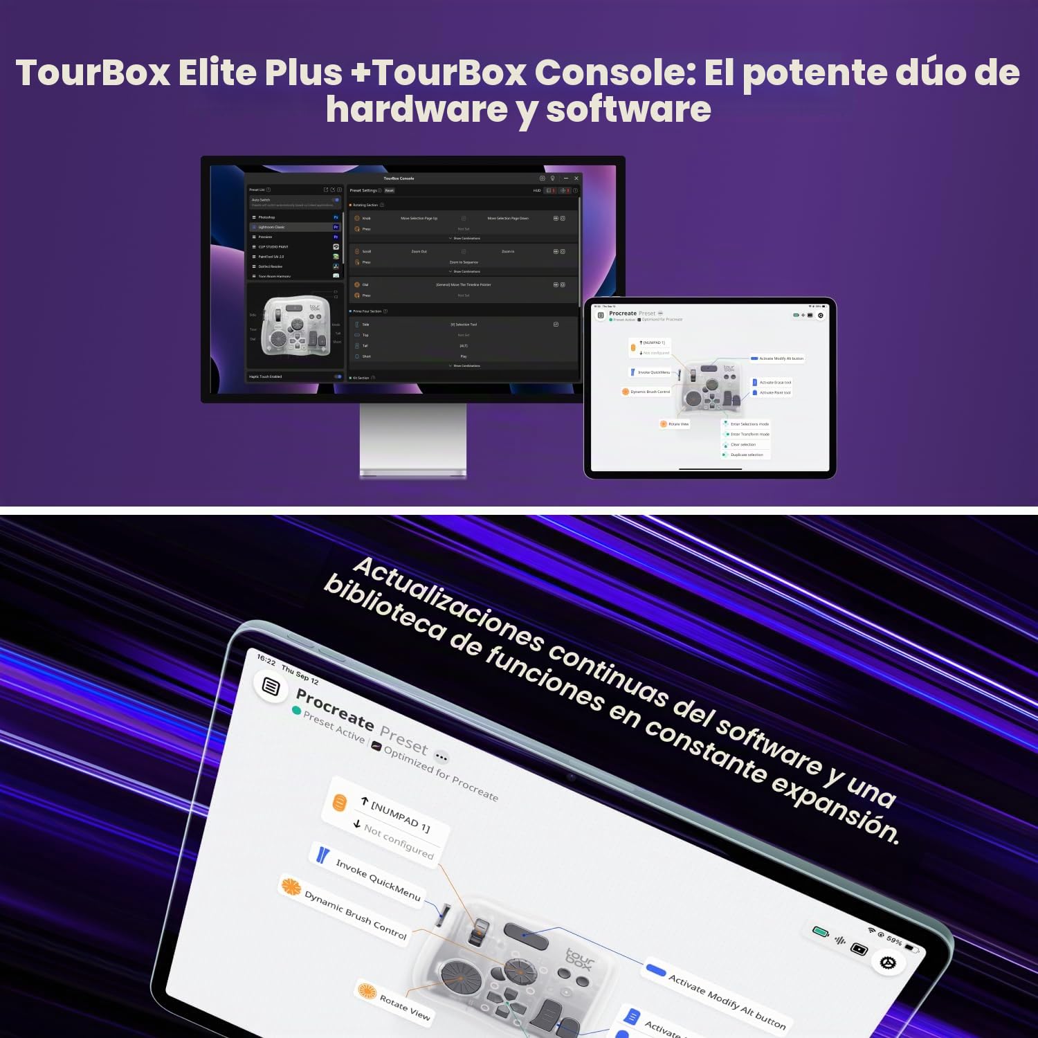 TourBox Elite Plus - Dibujo iPad, Controlador Bluetooth para Edición de Vídeo/Fotografía/Tableta Gráfica, Teclado Funciona con Procreate Lightroom Photoshop Davinci, Compatible con Mac/Windows/iPadOS