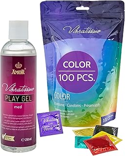 VIBRATISSIMO Condones Color paquete de 100 y lubricante 250ml I sensitivos y extra húmedos I preservativos de colores I condones multicolor de rojo, negro, amarillo, verde, dorado