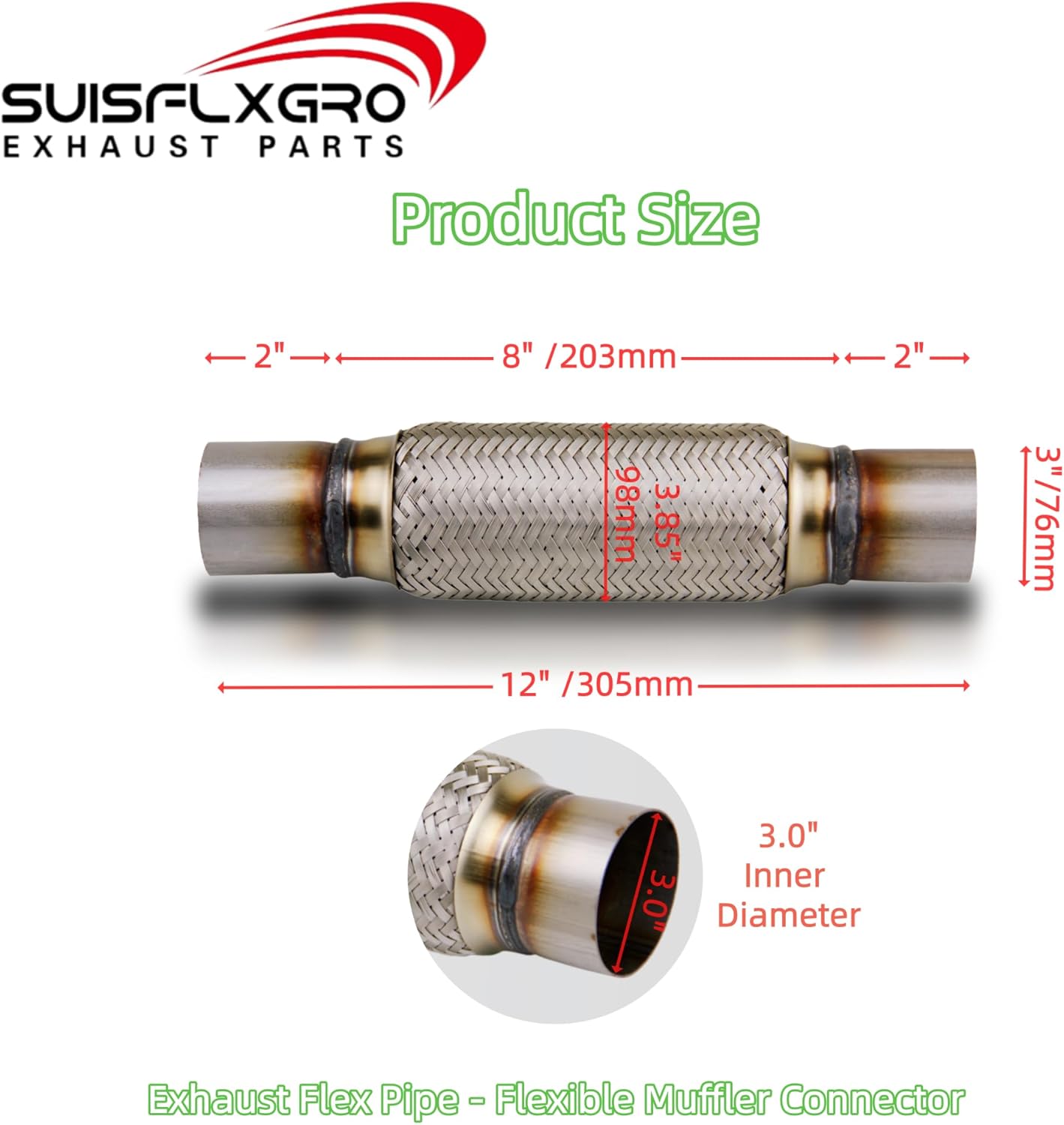 Exhaust Flex Pipe Universal Type 100% Stainless Steel For Heavy Duty and Cars (2 PCS, 3.0X8X12)