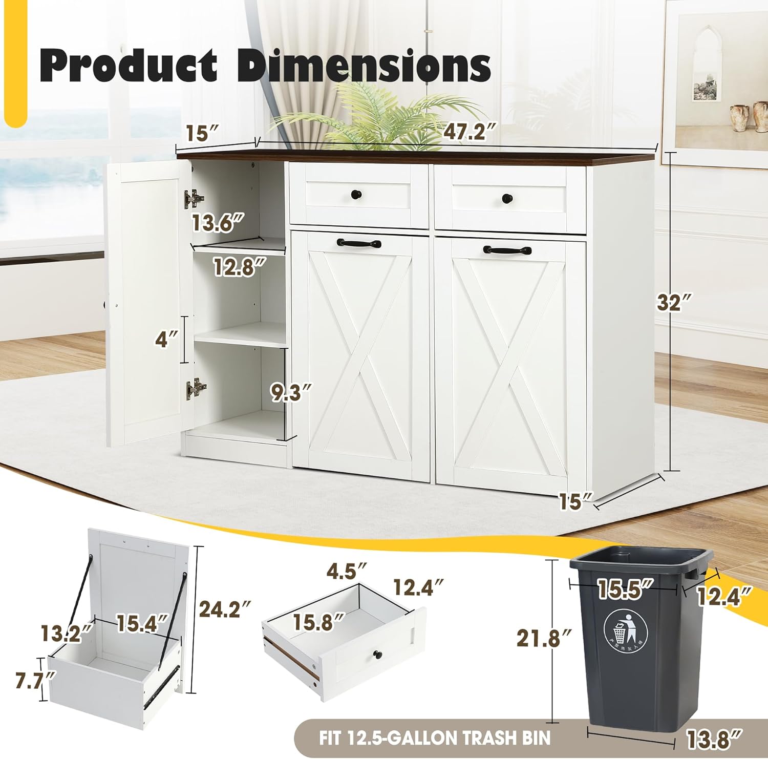 25 Gallon Kitchen Trash Can Cabinet with 2 Storage Drawers, 47" Farmhouse Sideboard Buffet Cabinet with Double Pull Tilt Out Trash Cans, Wooden Hidden Garbage Bin w/Storage for Living Room