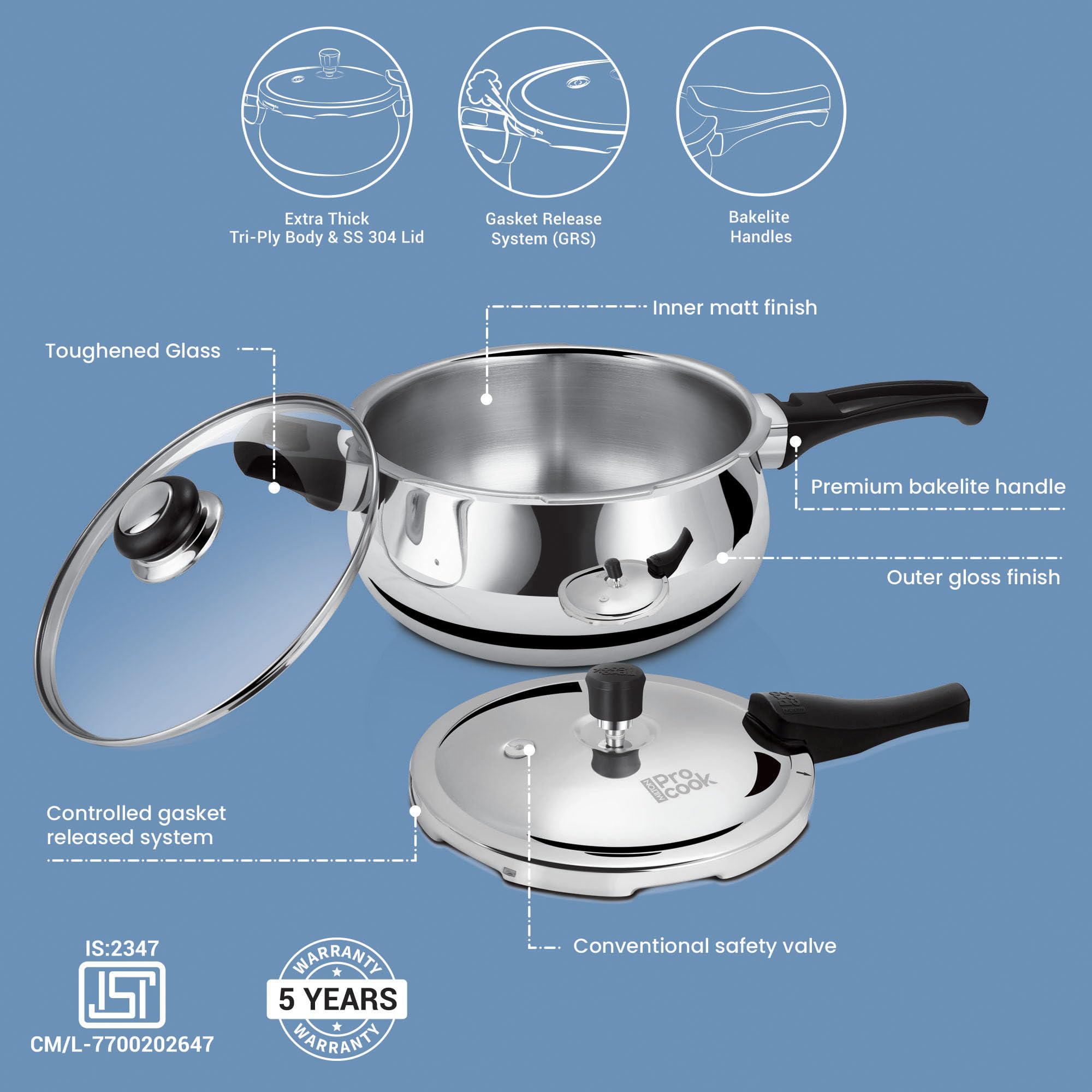 Milton Pro Cook Induction Cookware & Gas Stove Friendly Triply Stainless Steel Curve Pressure Cooker 1.5 Litre With Dual Lid | Outer Lid & Glass Lid | Gasket Release System | 5 Year Warranty | Silver — Amazon image 4