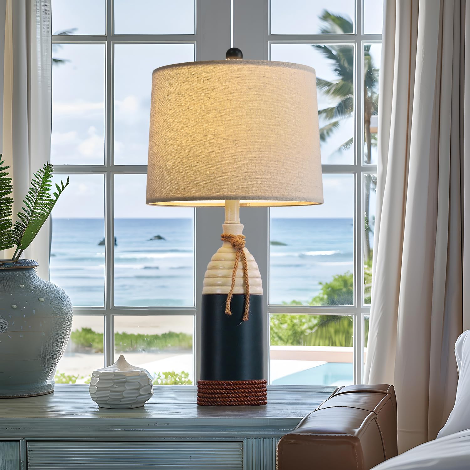 OYEARS 23.75" Table Lamp for Bedroom, Bedside Table Lamp for Living Room, Farmhouse Lamp for Nightstand, Modern Coastal Nautical Lamp Decor, Ocean Beach Style, Black