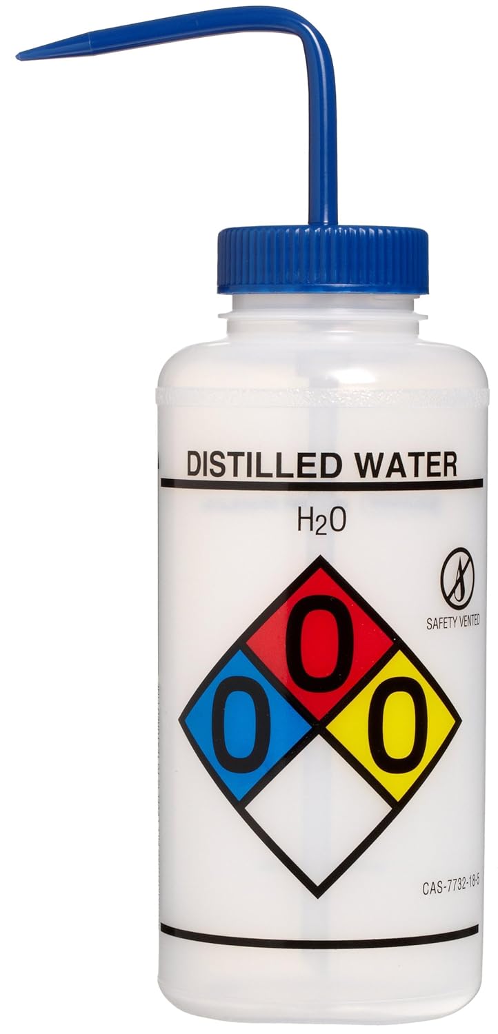 SP Bel-Art Right-to-Know Safety-Vented/Labeled 4-Color Distilled Water Wide-Mouth Wash Bottles; 1000ml (32oz), Polyethylene w/Blue Polypropylene Cap (Pack of 2) (F11832-0004) Made in USA