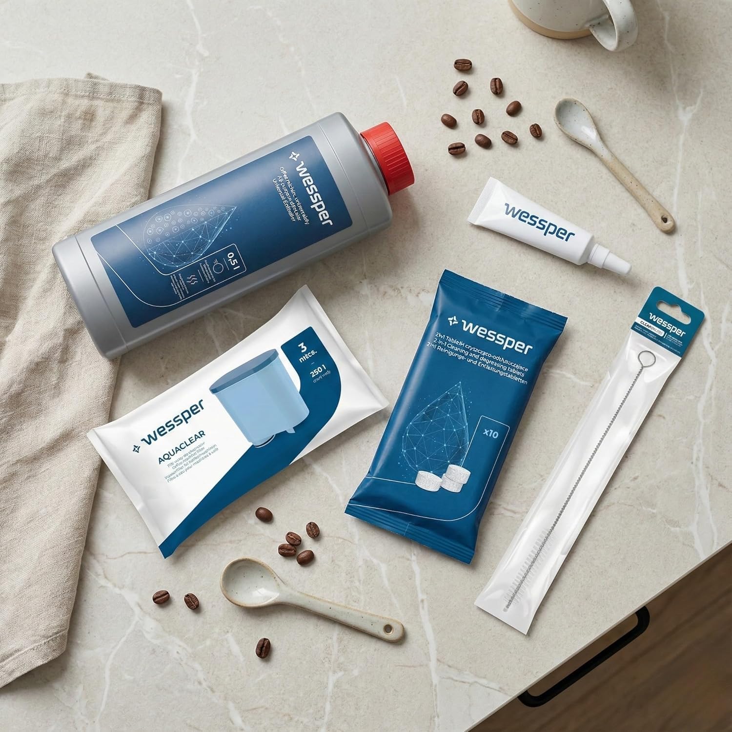 Wessper Kit de Mantenimiento para Philips & Saeco – 2x Filtros Compatibles con AquaClean CA6903, Descalcificador 500ml, 10x Pastillas, Grasa & Cepillo – Limpieza Cafetera Automática & Espresso