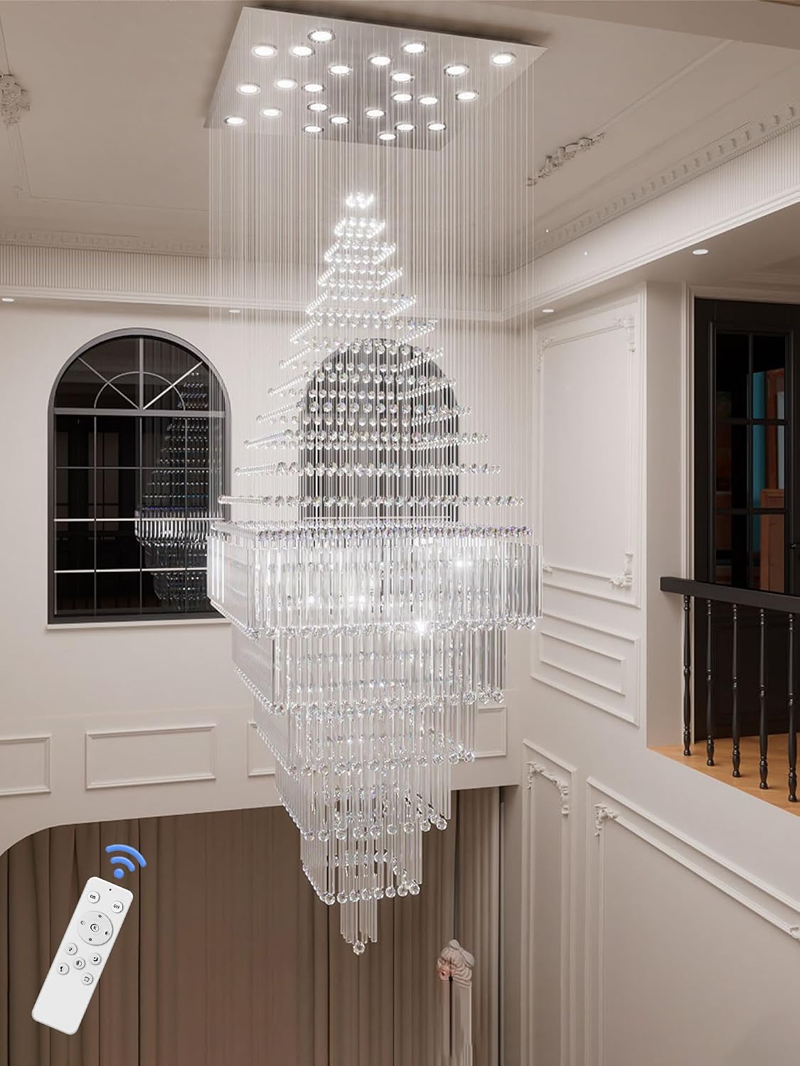 Flashing God D48''X H120'' Large Crystal Chandeliers for High Ceiling Square Crystal Raindrop Chandelier, Foyer Long Lighting Fixtures for Foyer Entryway Villa Silver