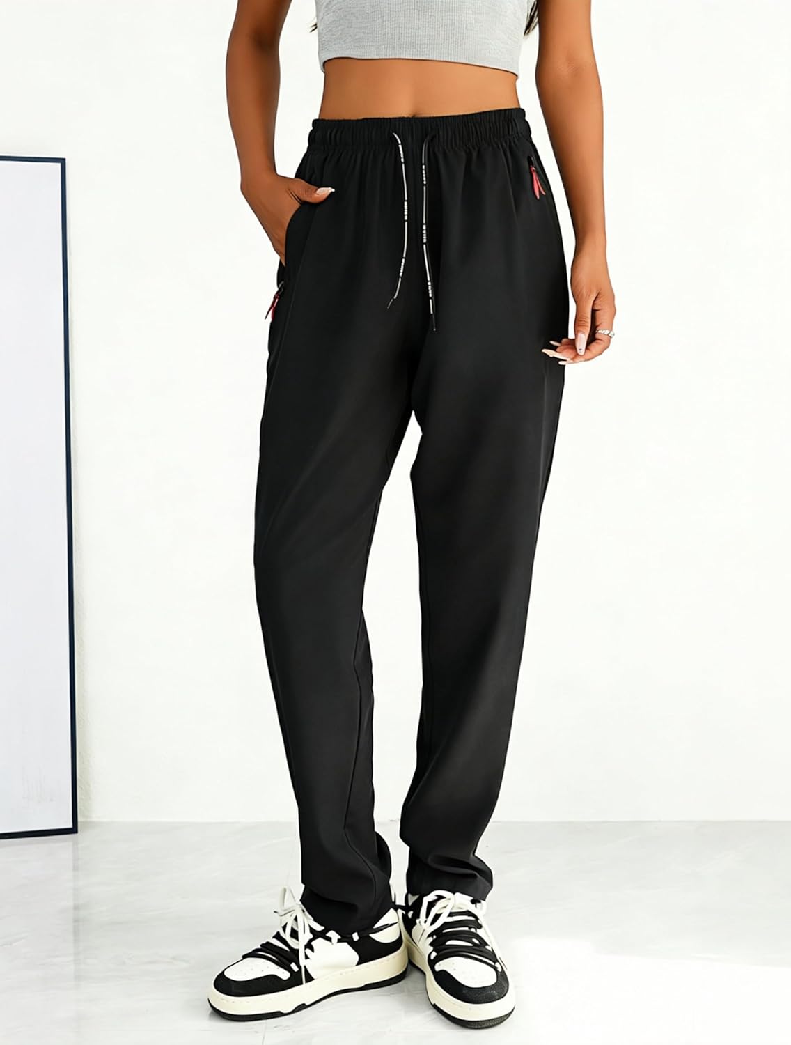 Womens Athletic Pants Lightweight Track Pants with Elastic Waistband & Zipper Pockets