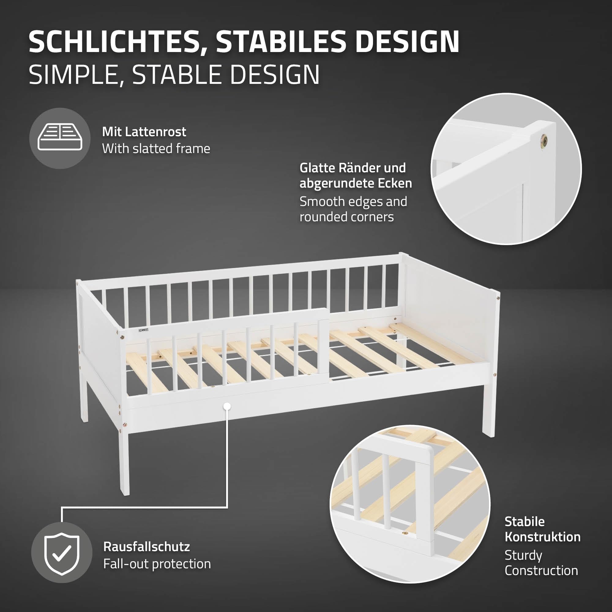 ML-Design Kinderbett 70x140 cm, Weiß, Einzelbett für Kinder mit Lattenrost und Rausfallschutz, Jugendbett aus Kiefernholz, Holzbett, Bettgestell für Jungen & Mädchen, Massivholz Babybett Kleinkindbett