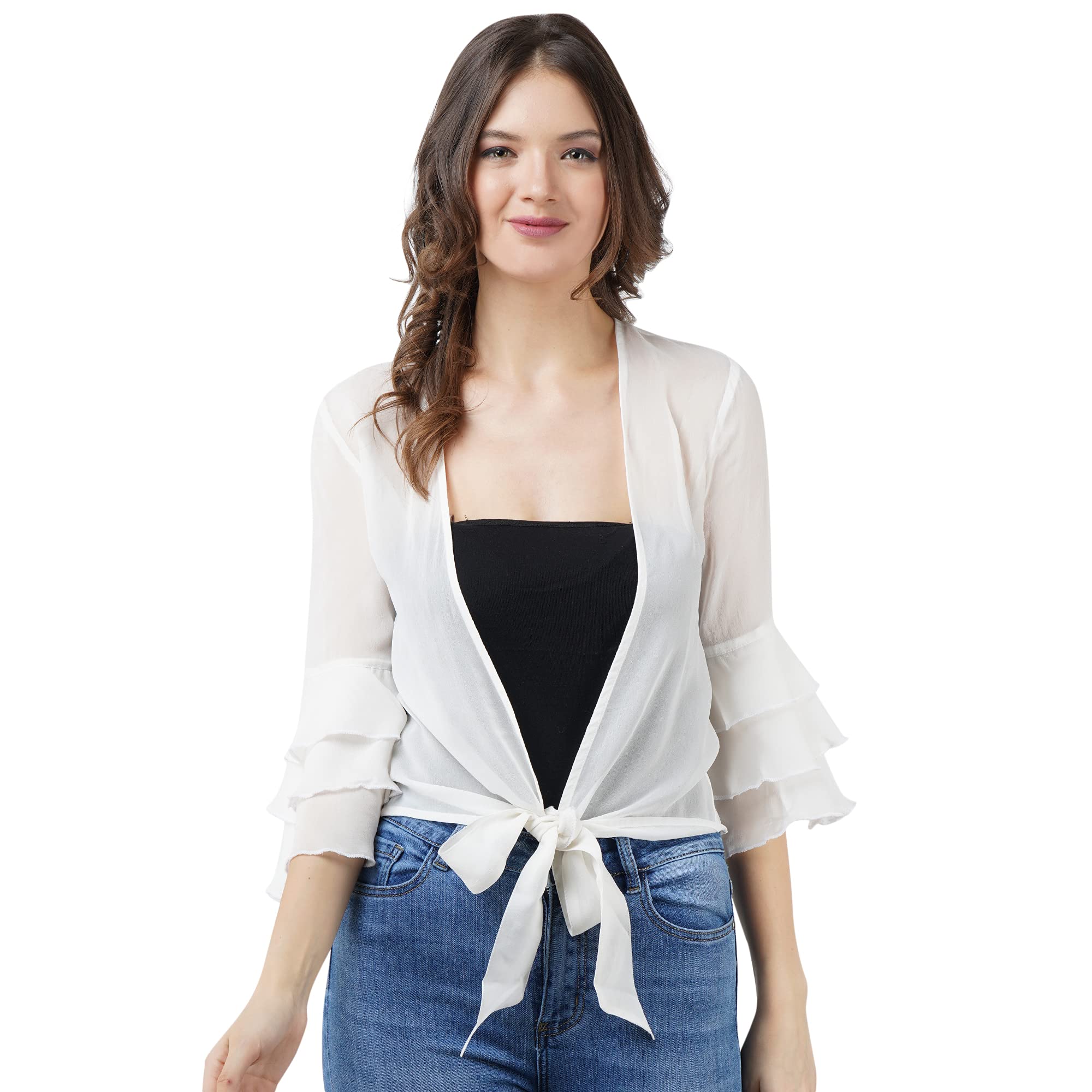 aol Women Front tie-up Lightweight Waist Length Georgette Shrug/Jacket with Layered Sleeves-picture-19