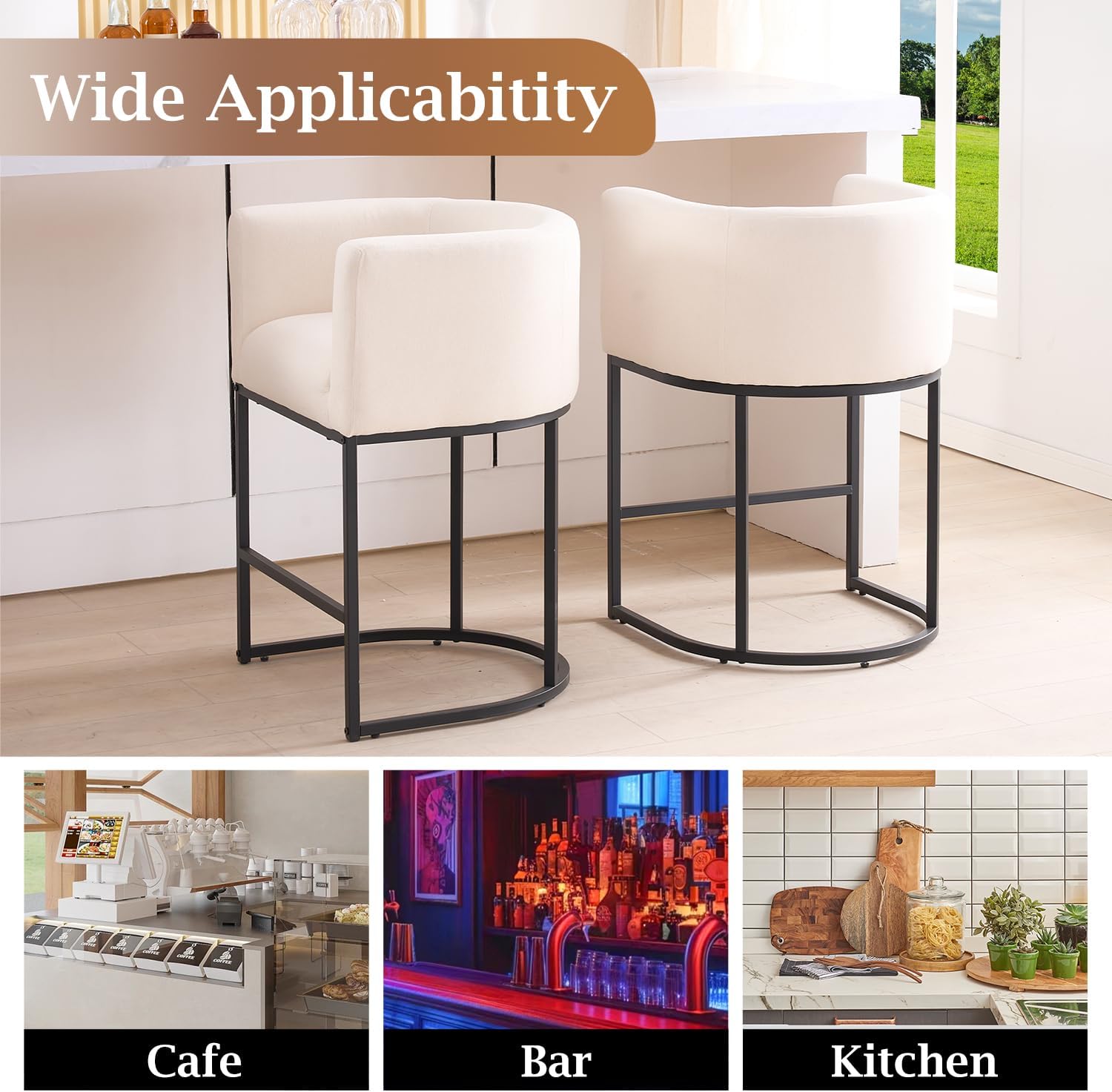 ClinQ 26" H Counter Height Bar Stools Set of 1, Modern Barrel Counter Stools with Backrest and Arms, Black Metal Frames, Linen Fabric Upholstered Accent Barstools for Kitchen Island, Beige