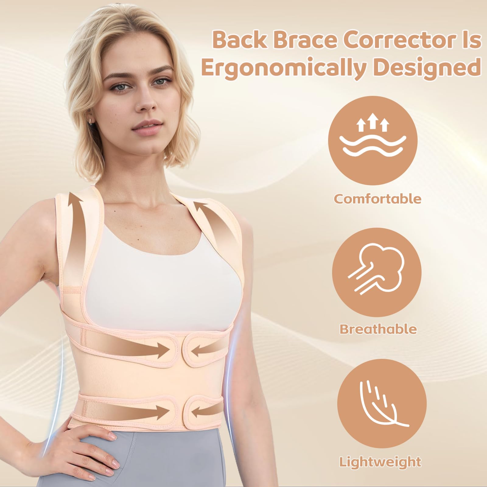 Rücken Geradehalter, Schultergurt Haltungskorrektur Damen und Herren, Atmungsaktiv und Verstellbar Rückenstütze die Taille, für lange Büroarbeit, Studium und Sport (Beige, M)
