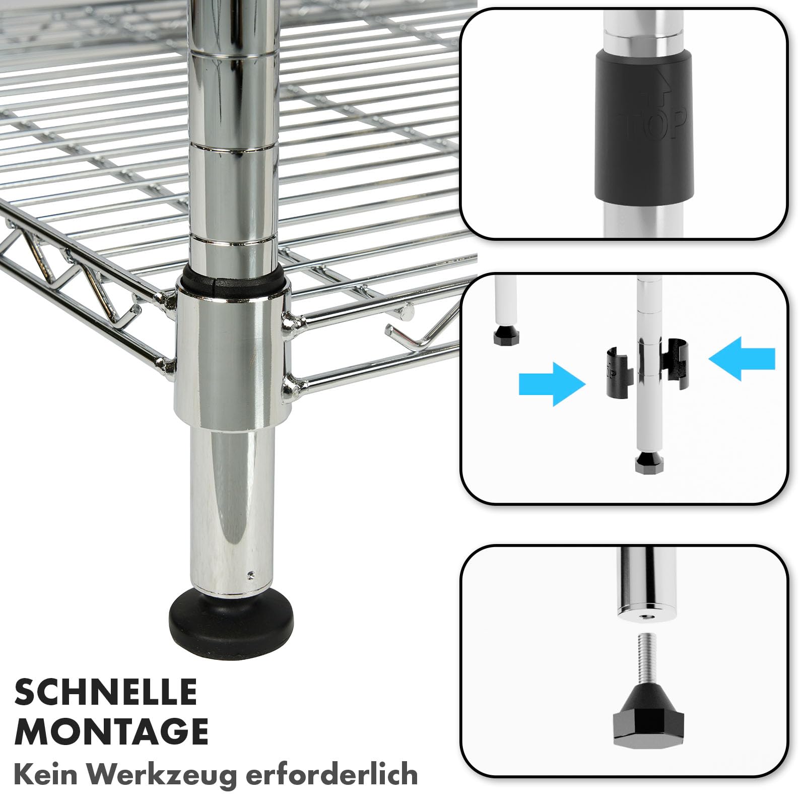 casa pura Schwerlastregal Lagerregal - dekoratives Schraubregal Gitterregal - Metallregal pro Boden bis 150 kg belastbar - Regal aus verchromtem Stahl (4 Böden - 90(B) x60(T) x160(H) cm) Himalaya