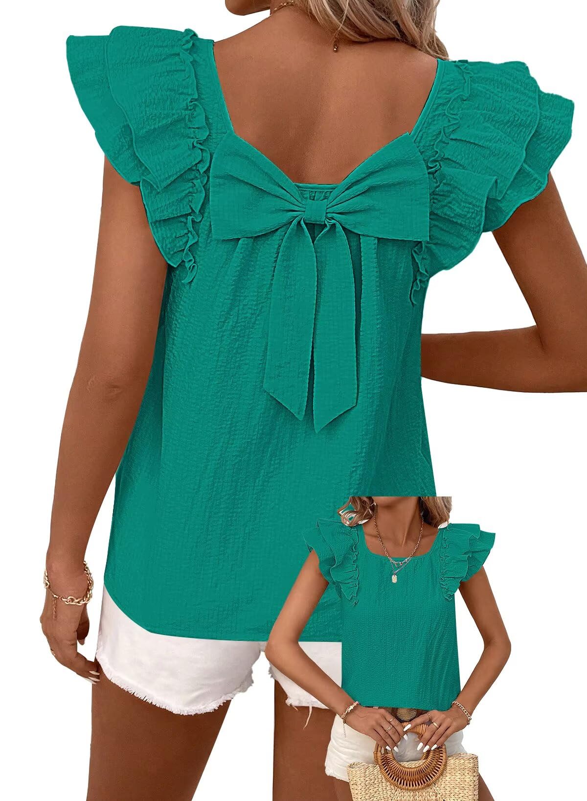 TUUHAW Top Damen Sommer Süße Oberteile Rundhals T-Shirt Kurzarm Bluse mit Rüschen Tunika Lässige Outfits Chiffon Puffärmel Rücken-Schleife Kleidung