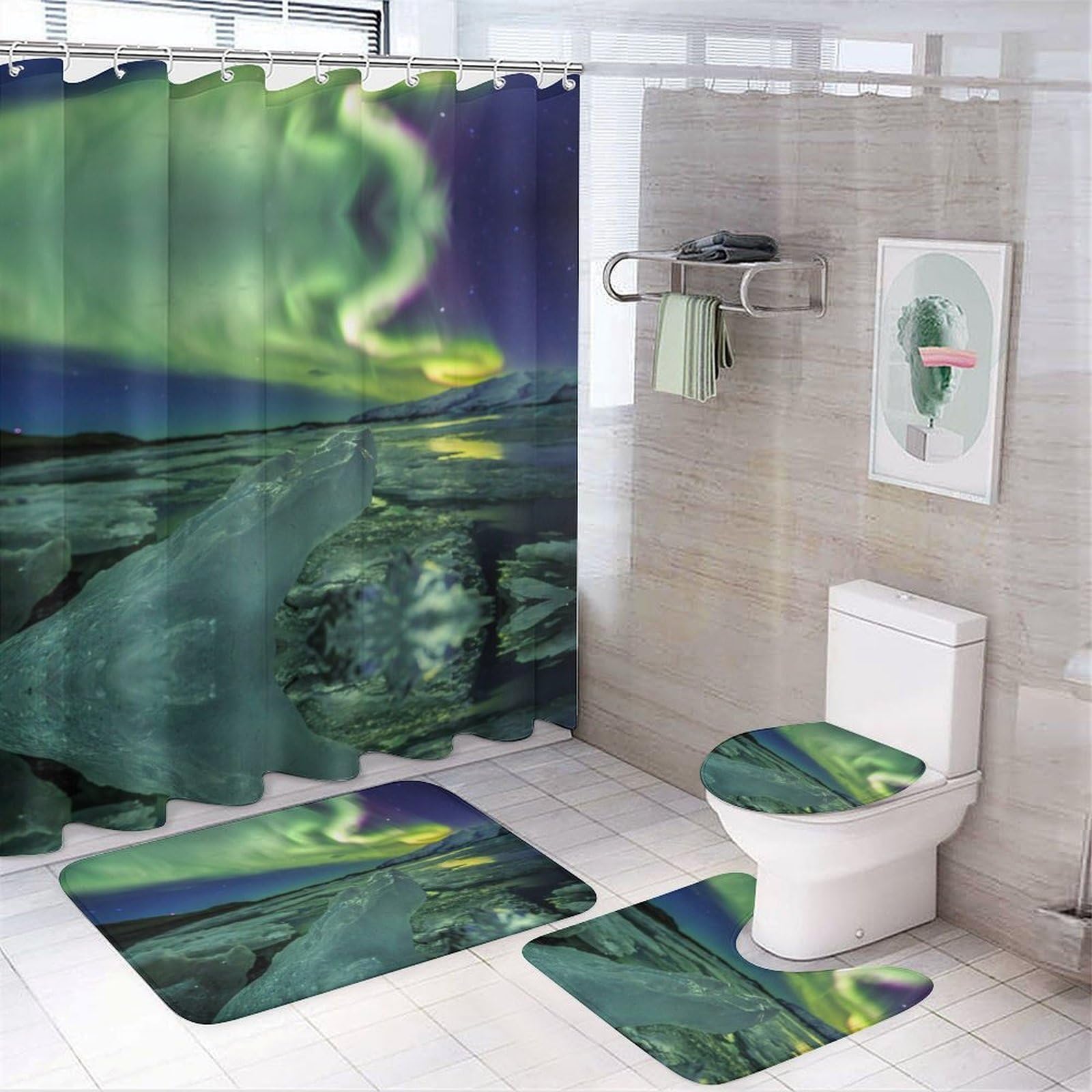 JZemdybill Bathroom Mat Set 4 Piece, Beautiful Northern Lights Shower Curtain with Non-Slip Bath Mats for Bathroom