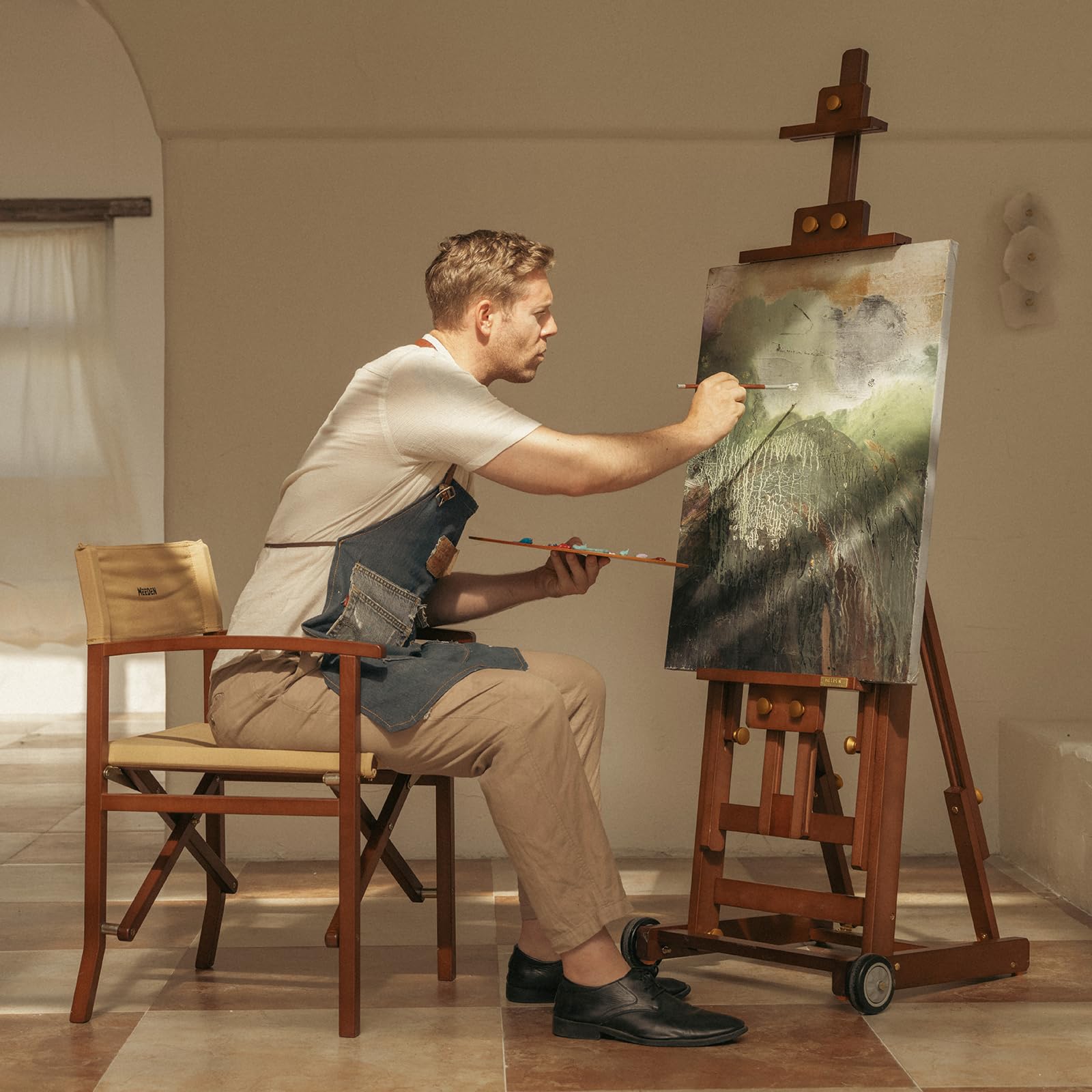 MEEDEN PRO sztaluga z drewna: sztaluga bez konieczności montażu z rolkami dla dorosłych, artystów, malarzy, vintage, sztaluga na płótna do 196 cm, idealna do studia, galerii, wystaw i prezentacji