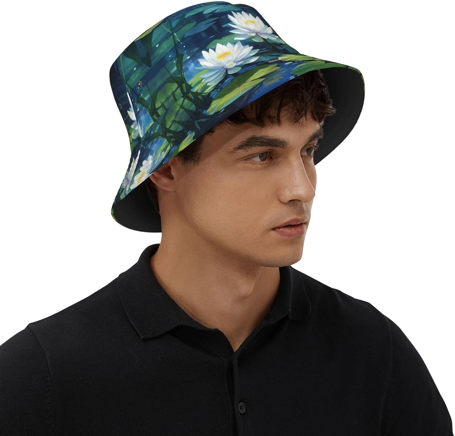 Fashion Bucket Hat for Women Men Packable Cute Sun Hats Watercolor of Water Lilies Fisherman Cap Outdoor Travel Beach Caps Black
