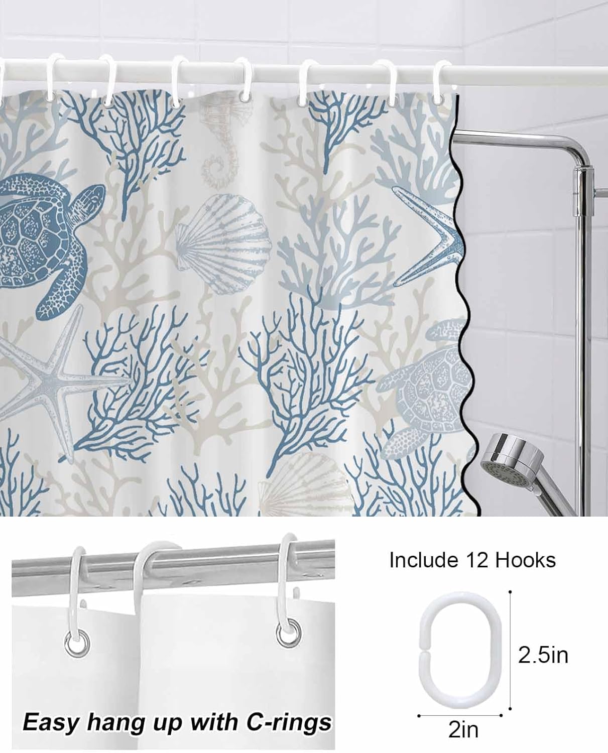 Ocean Light Blue Scalloped Shower Curtain Boho Cute Aesthetic Shower Curtain with Black Border Edge Waterproof Fabric Summer Coral Sea Turtle Seahorse Starfish Bathroom Curtain Decor 48 W x 72 L