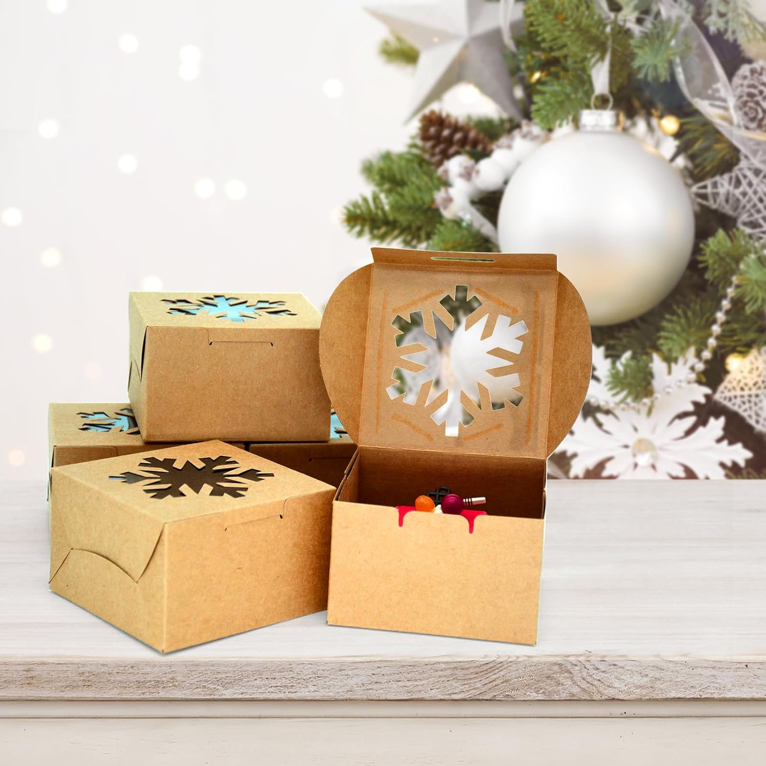 25 Pcs Christmas Cookie Boxes with Window Snowflake Square Kraft Boxes Brown Paper Bakery Box for Winter Christmas Wedding Party - Image 5