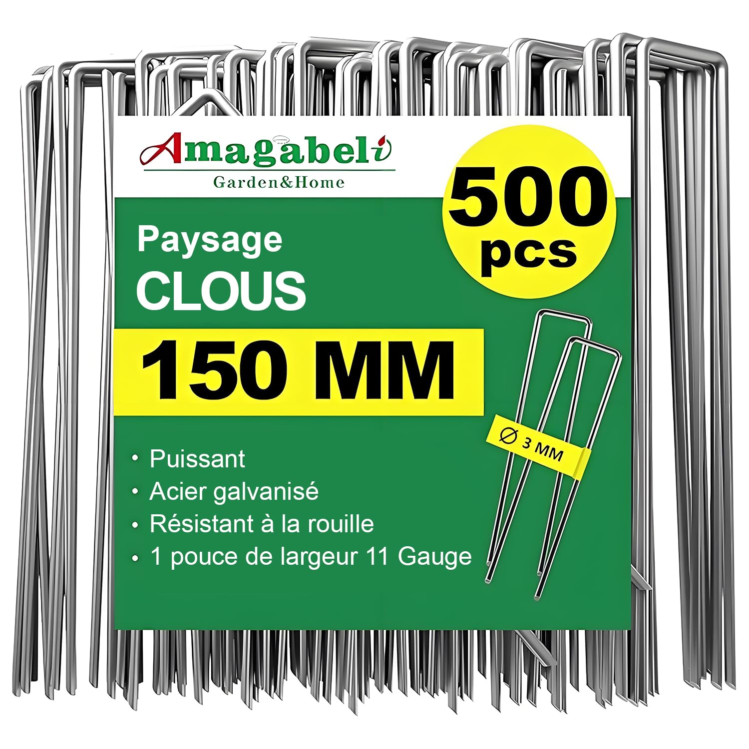 Amagabeli Garden Home 500 Piquets de Jardin Pelouse Agrafe Toile de Paillage en Forme de U - 150 mm Long - Ongles Mauvaises Herbes Tissu Piquets Galvanisé Piquet de Fixation en Acier pour Bache