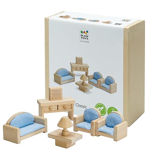 PlanToys Wooden Classic Line of Dollhouse Furniture- Living Room Set (9015) | Sustainably Made from Rubberwood and Non-Toxic Paints and Dyes | PlanNatural Classic Wooden Toy Collection