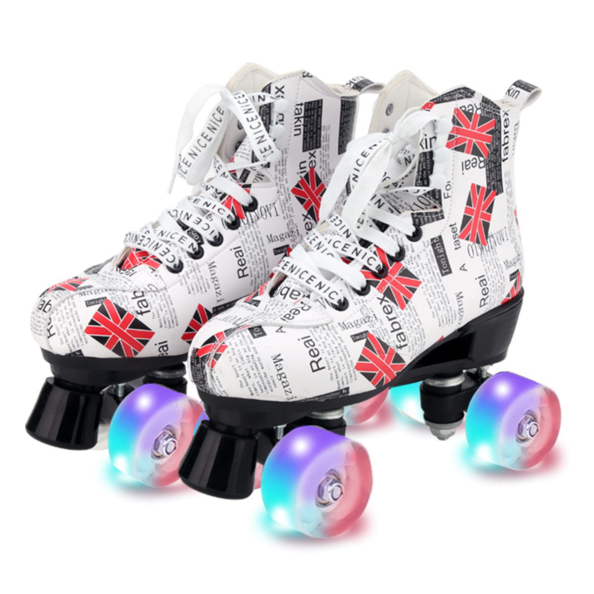 Klzzuk Fashion Roller Skates for Women and Men, National Flag Doodle Double Row Skates, PU Leather High-top Quad Skates for Beginner Aldult Kids Girls Boys (Women9/Men7.5,White LED)