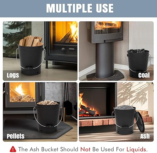 Miniatura 6 de INNO STAGE Cubo de cenizas con tapa y mango de madera, pala de carbón, cubo portador de cenizas, herramientas de chimenea, hoguera, estufa de leña