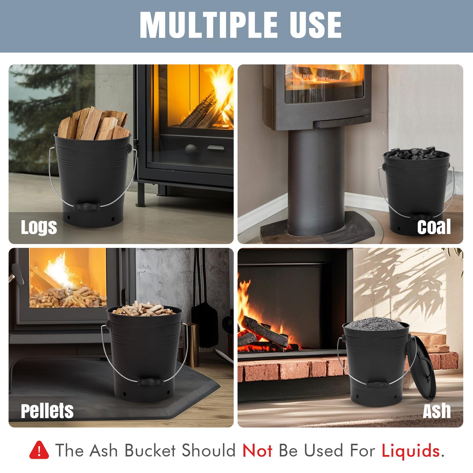 INNO STAGE Ash Eimer mit Deckel und Holzgriff Kohleschaufel, Aschenträger Pail Kamin Werkzeuge, Feuerstelle, Holzofen Schwarz