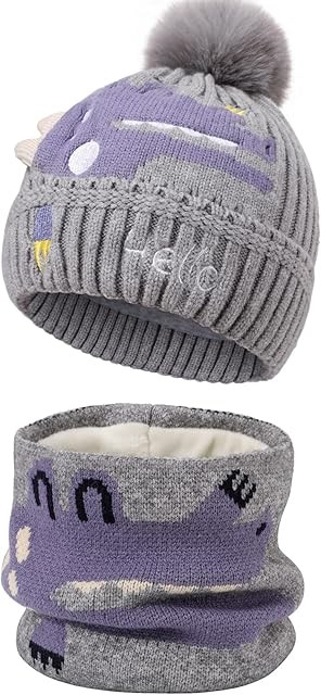 TAGVO Scarf and Hat Set For Kids, Child's Warm Hat and Bib Set Elastic Warm Beanie Cap with Thick Cotton Lining Warm Neck Warmer Set, Toddler Beanie Hat Set, with Pompom Beanie Fleece Lining Aged 1-5