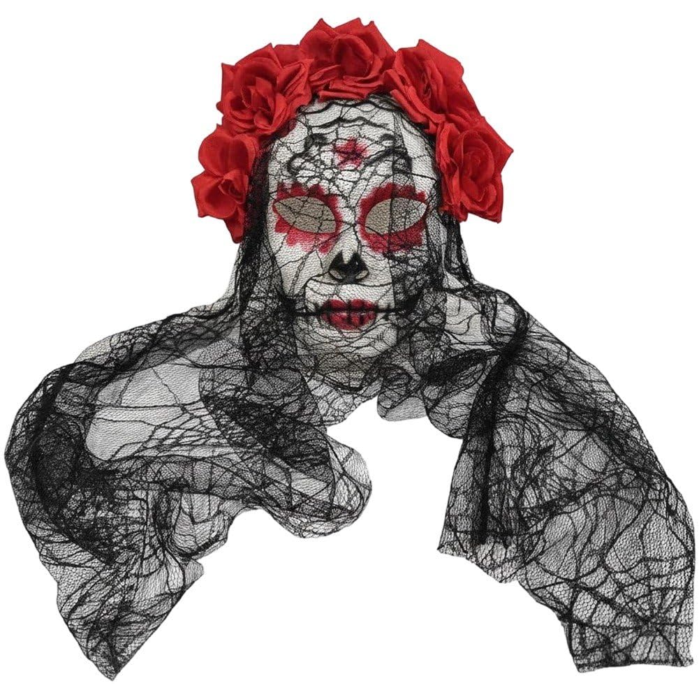 Day of the Dead Sugar Skull Mask with Veil Rose Flower Crown Mexican Mask for Halloween Cosplay Costume Accessory โ image 1