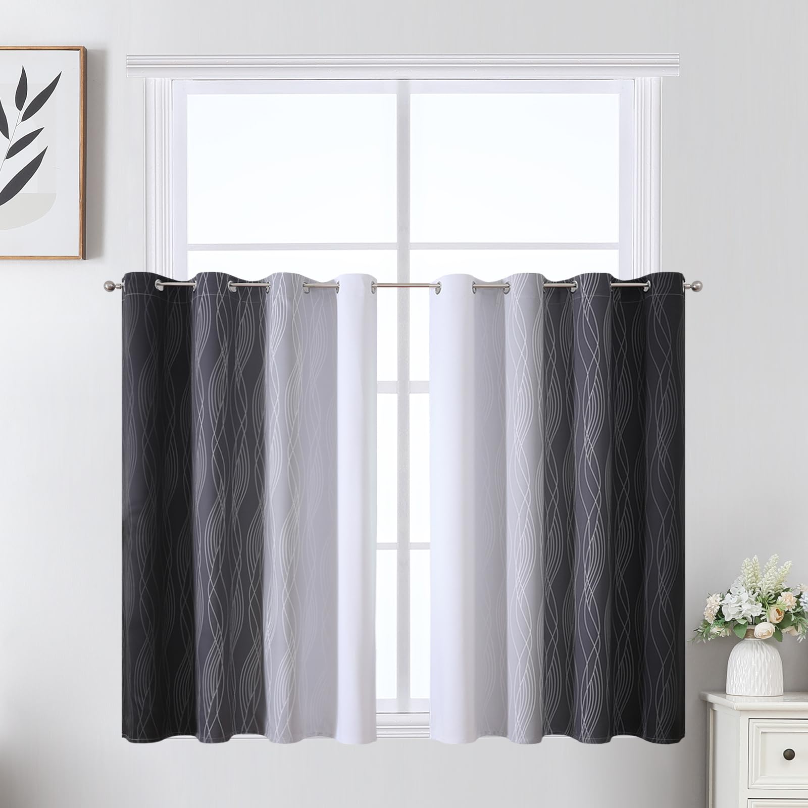 Estelar Textiler Black and Greyish White Ombre Short Blackout Kitchen Curtains 36 Inch Long, Thermal Insulated Grommet Small Half Window Drapes for Cafe/Basement/RV Camper, 52Wx36L, 2 Panels