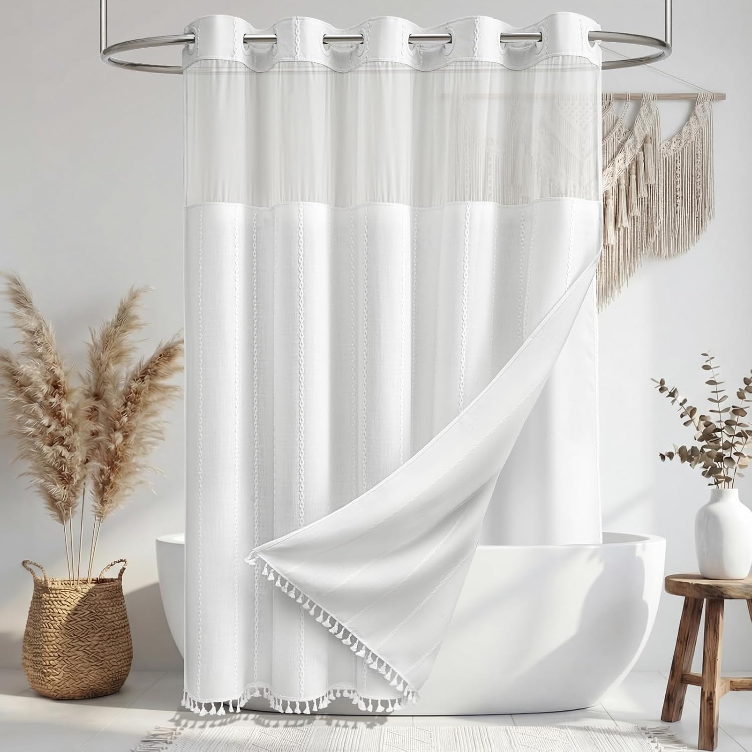 BTTN White Shower Curtain with Snap in Liner, Hooks-Free Design, Boho Striped Linen Fabric Tassel Bathroom Shower Curtain, Farmhouse Cute Waterproof Cloth Shower Curtain Set, Mesh Top Window, 72x75