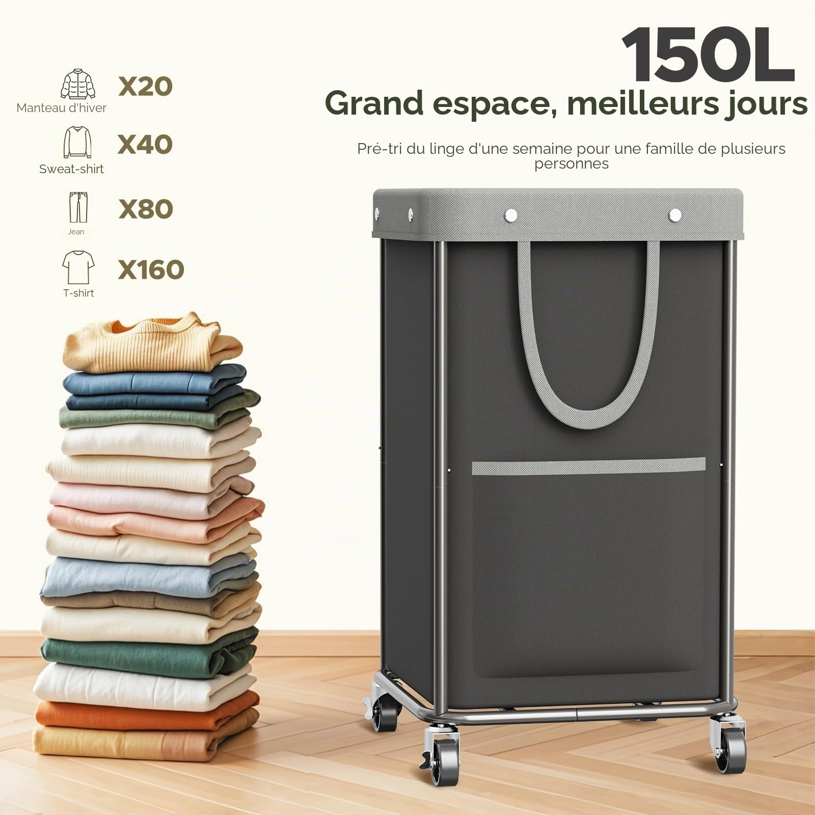 JYPS Panier a Linge sur Roulettes, 150L Grande Paniere a Linge Amovible avec 2 Sacs Latéraux, Bac a Linge Sale Stabilisé en Tube D'acier, Oxford Corbeille a linge pour Chambre, Bain(Noir)