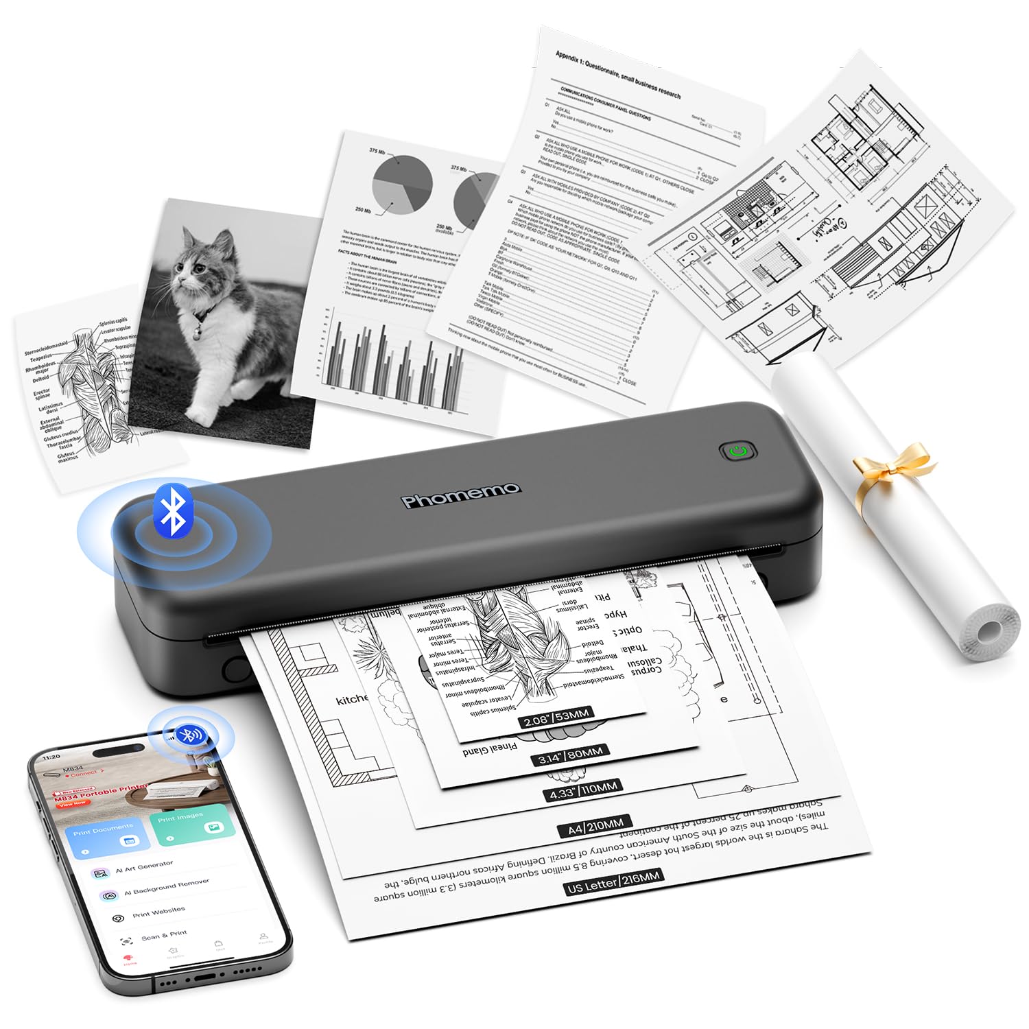 Phomemo M834 Portable Printer Wireless for Travel, Bluetooth Thermal Printer 8.5" x 11"&A4, Compatible with iOS,Android & PC,Inkless Mobile Printers