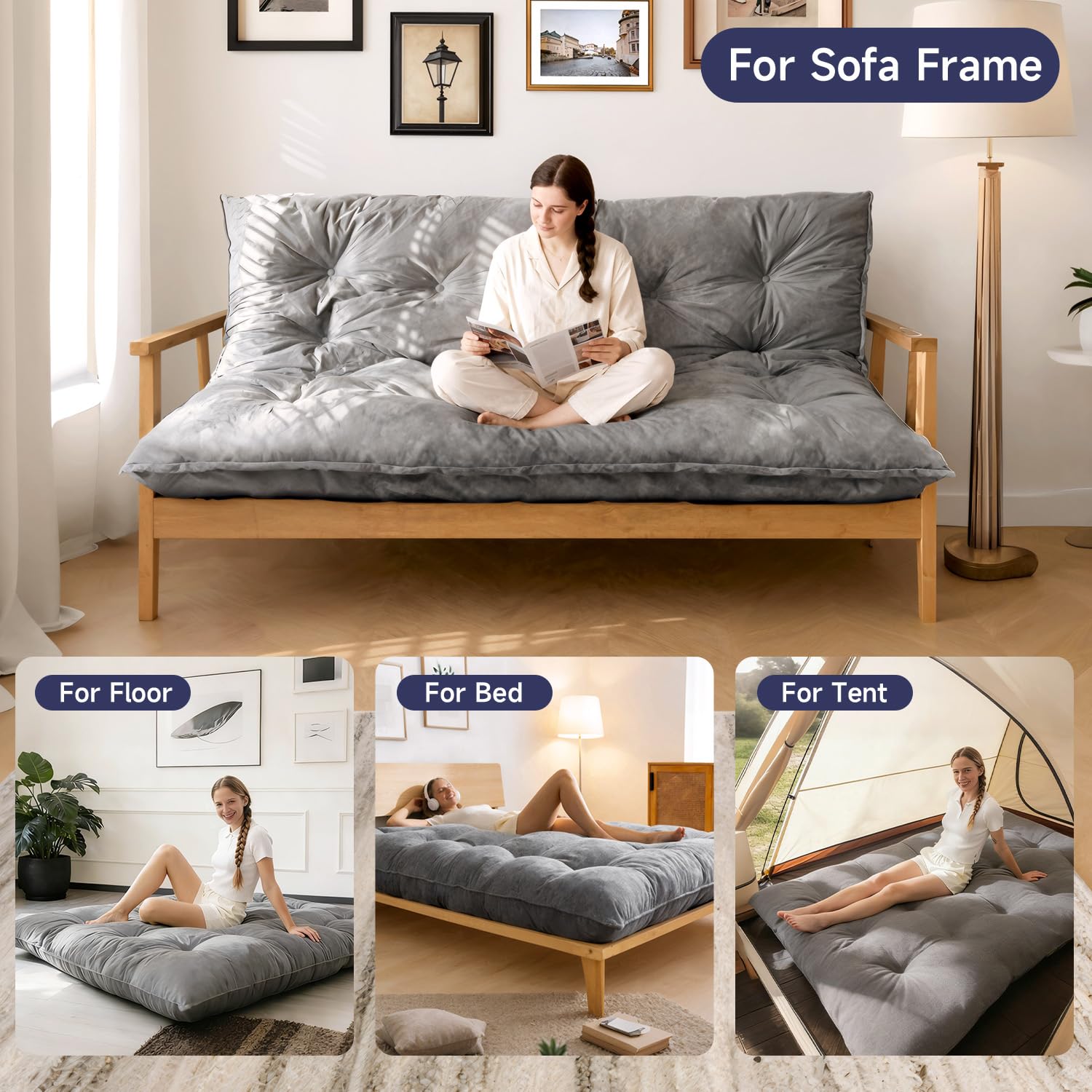 6" Futon Mattress Full Size, Tufted Futons Sofa Couch Bed with Twisted Rope Design Edging,Versatile Floor Mattress for Adults，Shredded Foam Filling (Frame Not Included Gray, Full)
