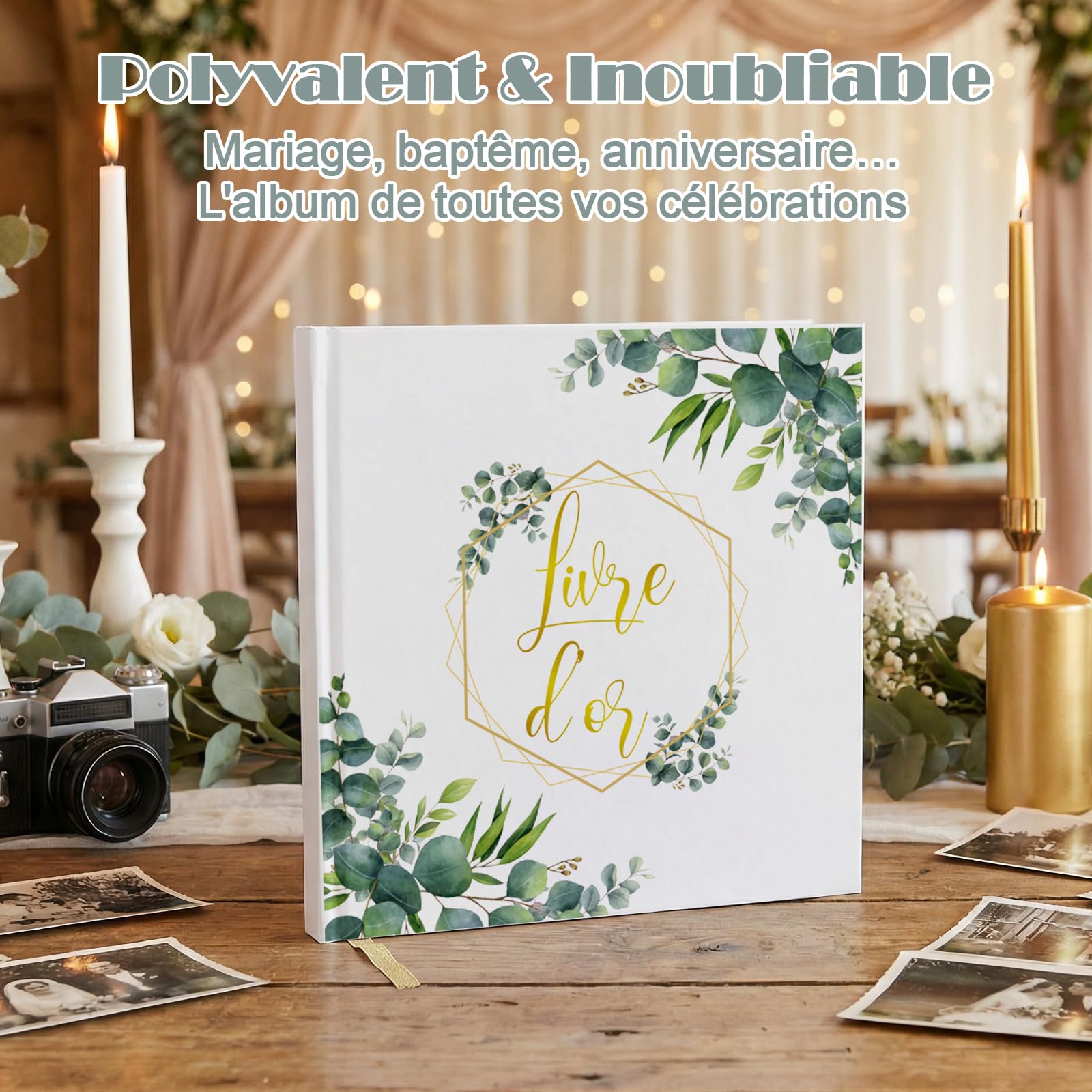 Livre d'or Mariage Motifs Floraux 21.5x21.5 cm Couverture Rigide 120 Pages Scrapbooking (Feuilles d'eucalyptus)