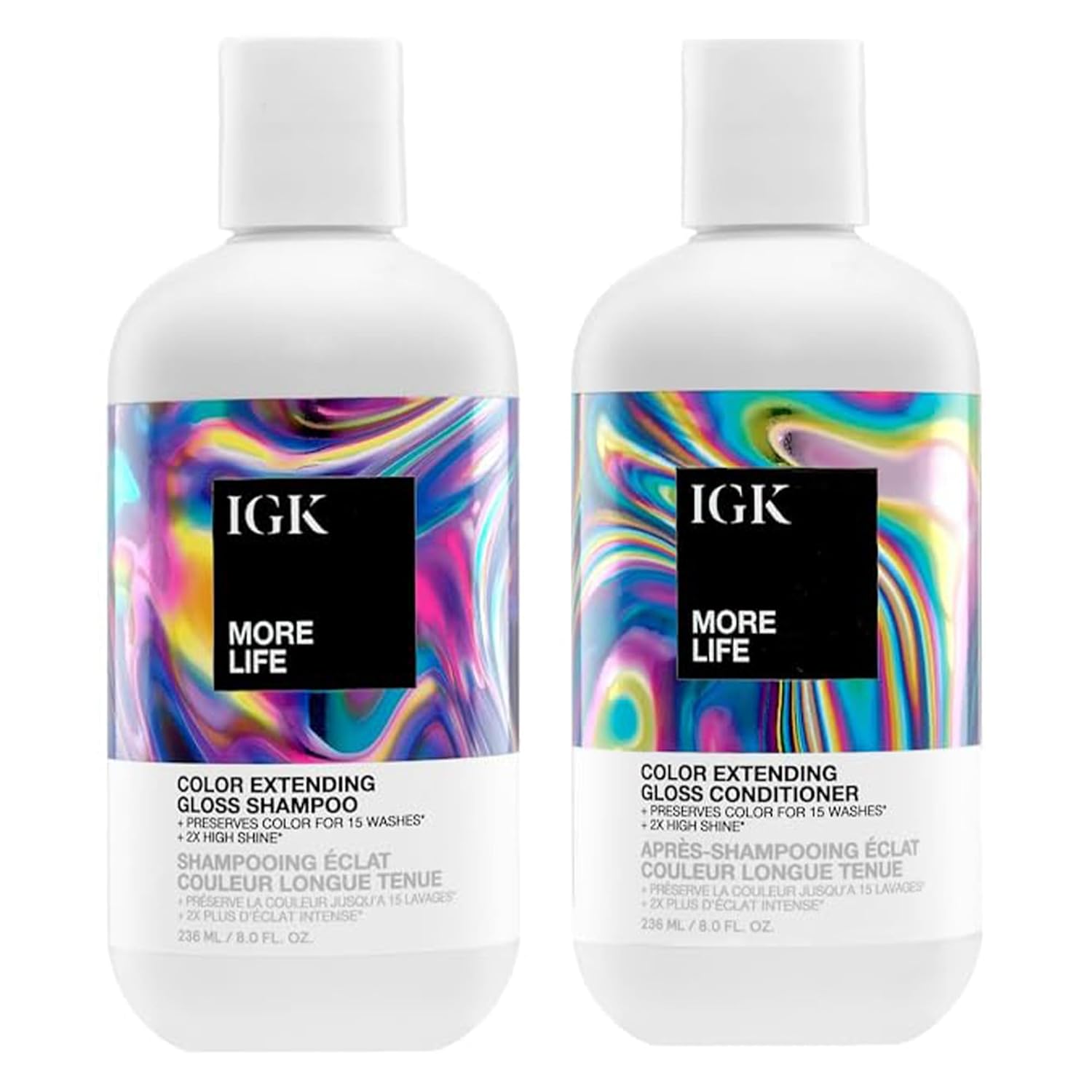 IGK MORE LIFE Color Extending Gloss Shampoo & Conditioner Set | Preserves Color + Enhances Shine | UV Protection | Vegan + Cruelty-Free | 8 oz (Pack of 2)