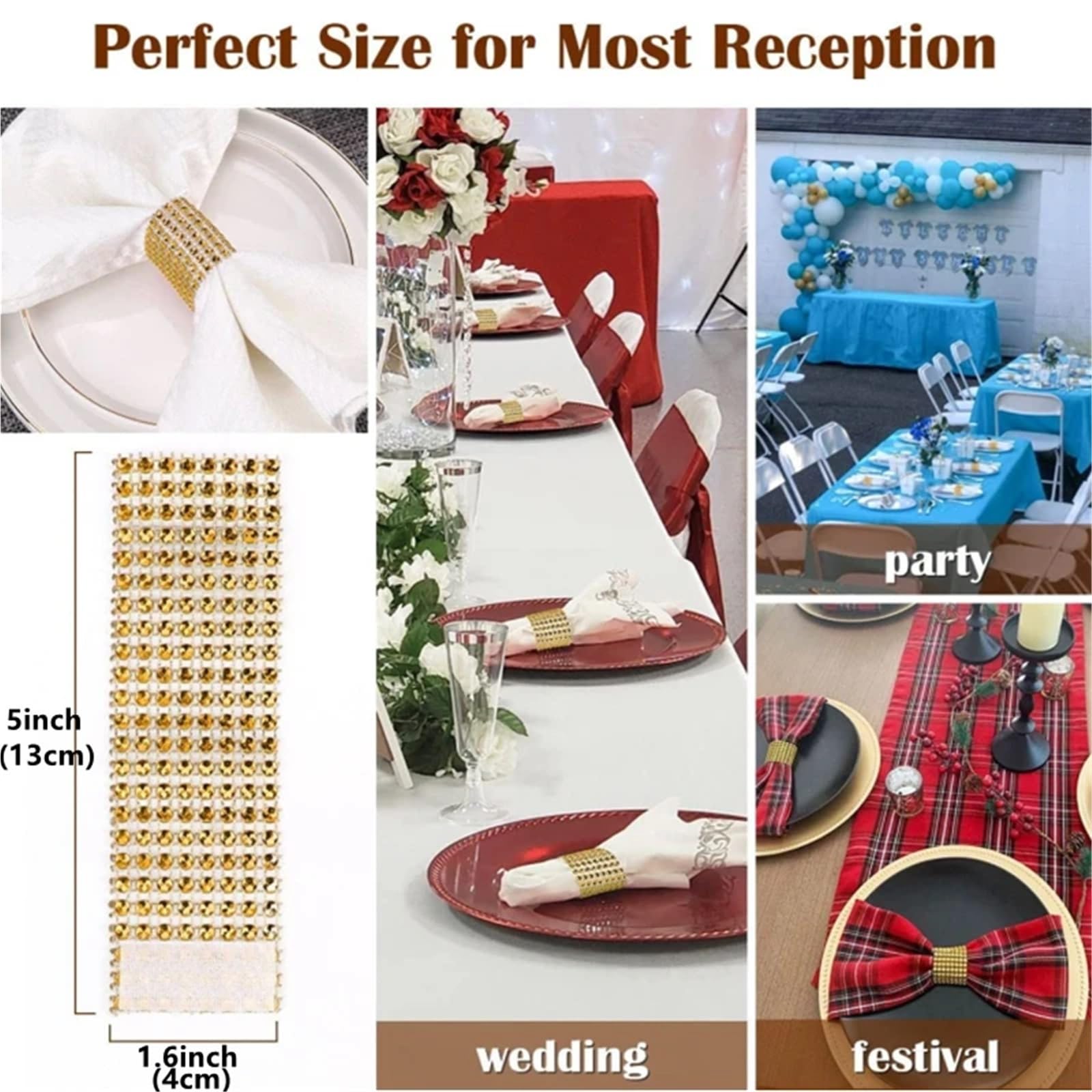 Serviettenringe mit Strasssteinen, 200 Stück, glitzernde Dekoration, Geschenke, Hochzeit, Abendessen (Gold)