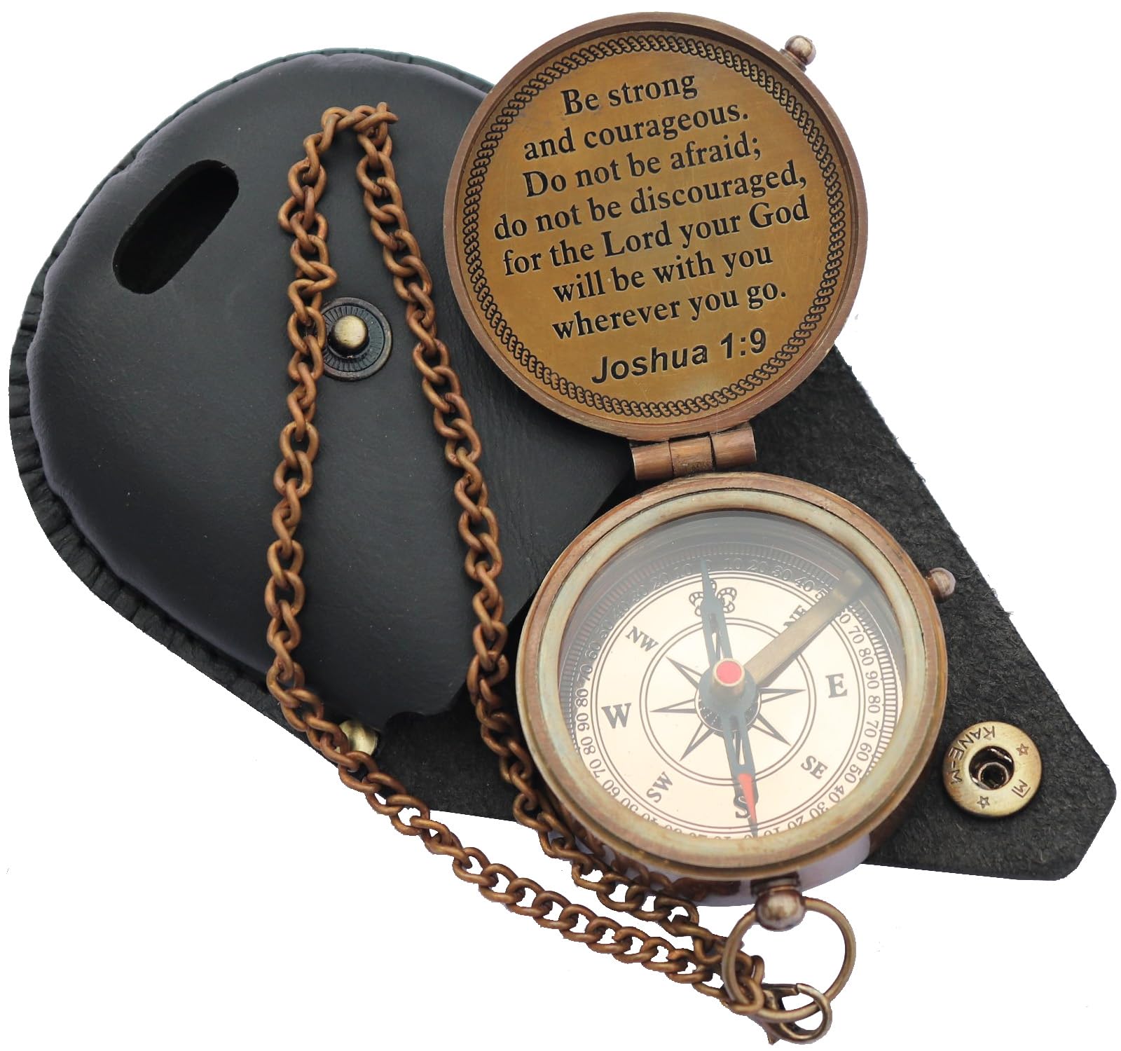 MADSNIIB Brass Engraved Nautical Compass with Leather Case, Antique Gift for Birthday, Wedding, Anniversary, Christmas, Valentine, Portable Compass for Hiking (Be Strong Engraved Brass Compass)
