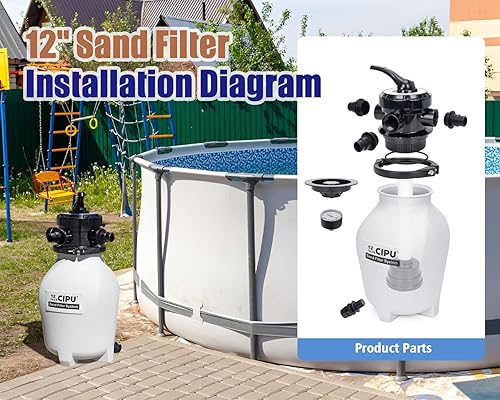 Miniatura 5 de Sistema de filtro de arena de 12 pulgadas con válvula de 4 vías fácil de instalar para piscinas sobre el suelo